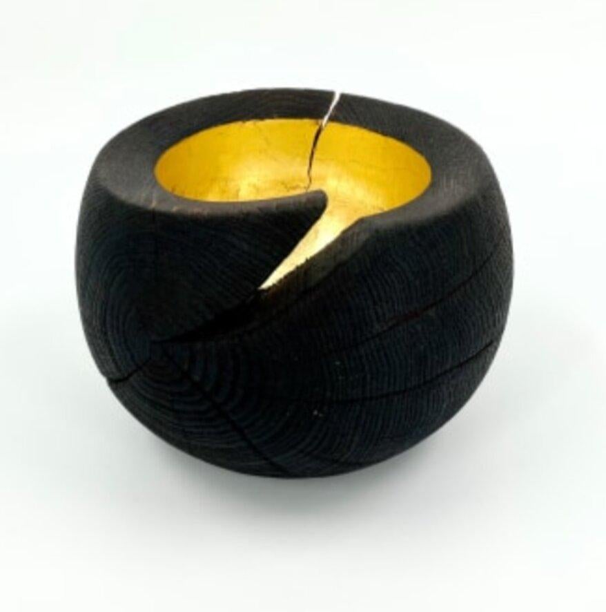 Swiss Oak Bowl Burned and Brushed With Gold Leaf by Patrick Rapp For Sale