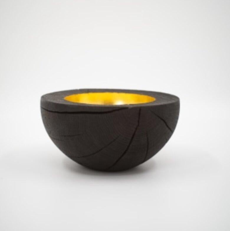 Swiss Oak Bowl Burned and Brushed With Gold Leaf by Patrick Rapp For Sale