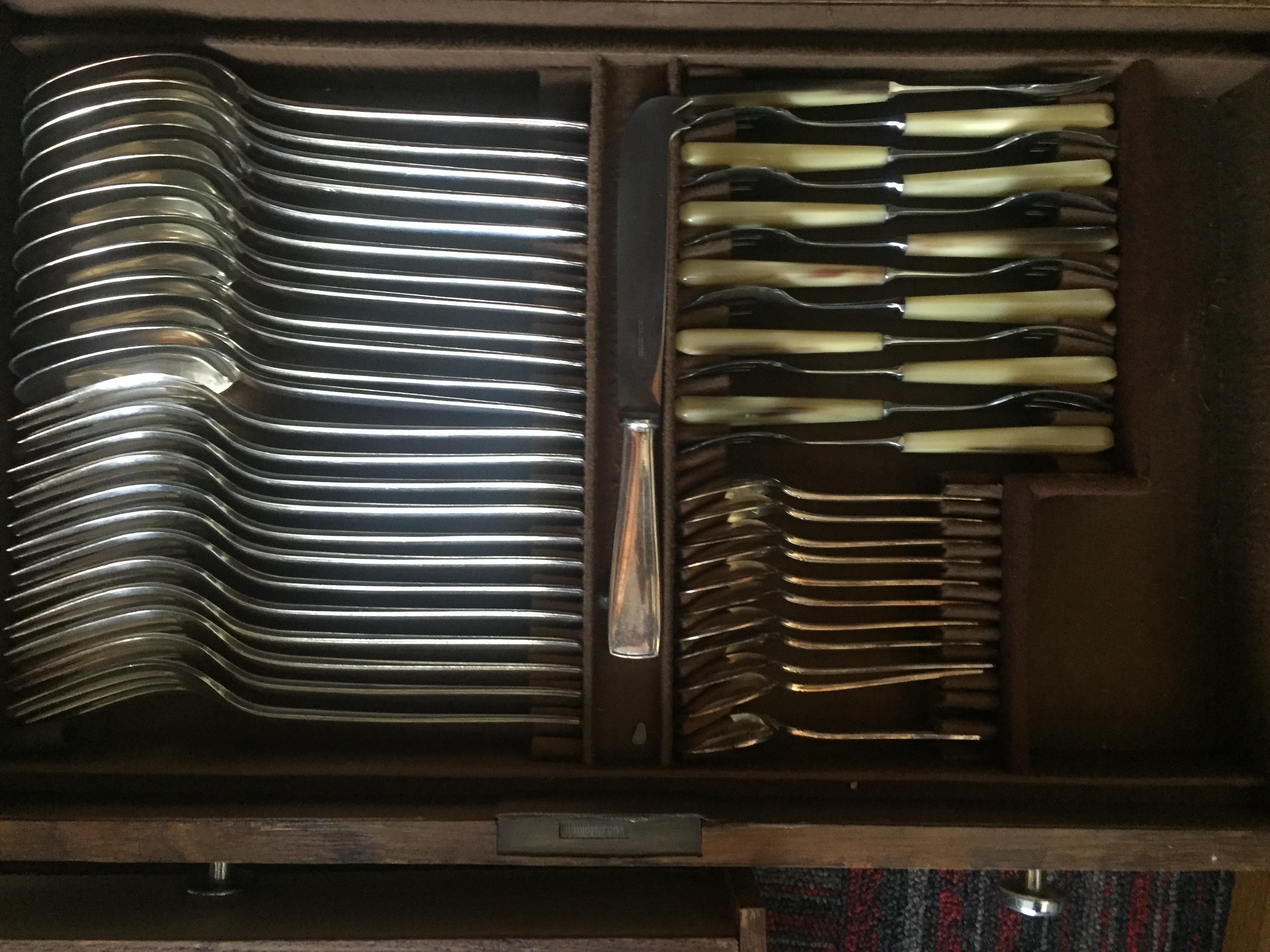 Silver Plate Oak Box and Tableware Set from Ercuis, 1920s For Sale