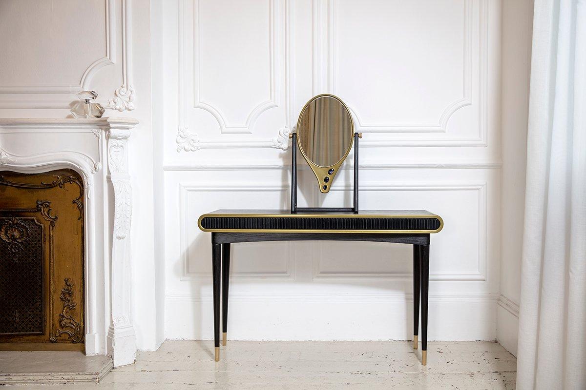 Organic Modern Oak, Brass and Corian 'Oriette' Vanity Dressing Table Console by Felice James For Sale
