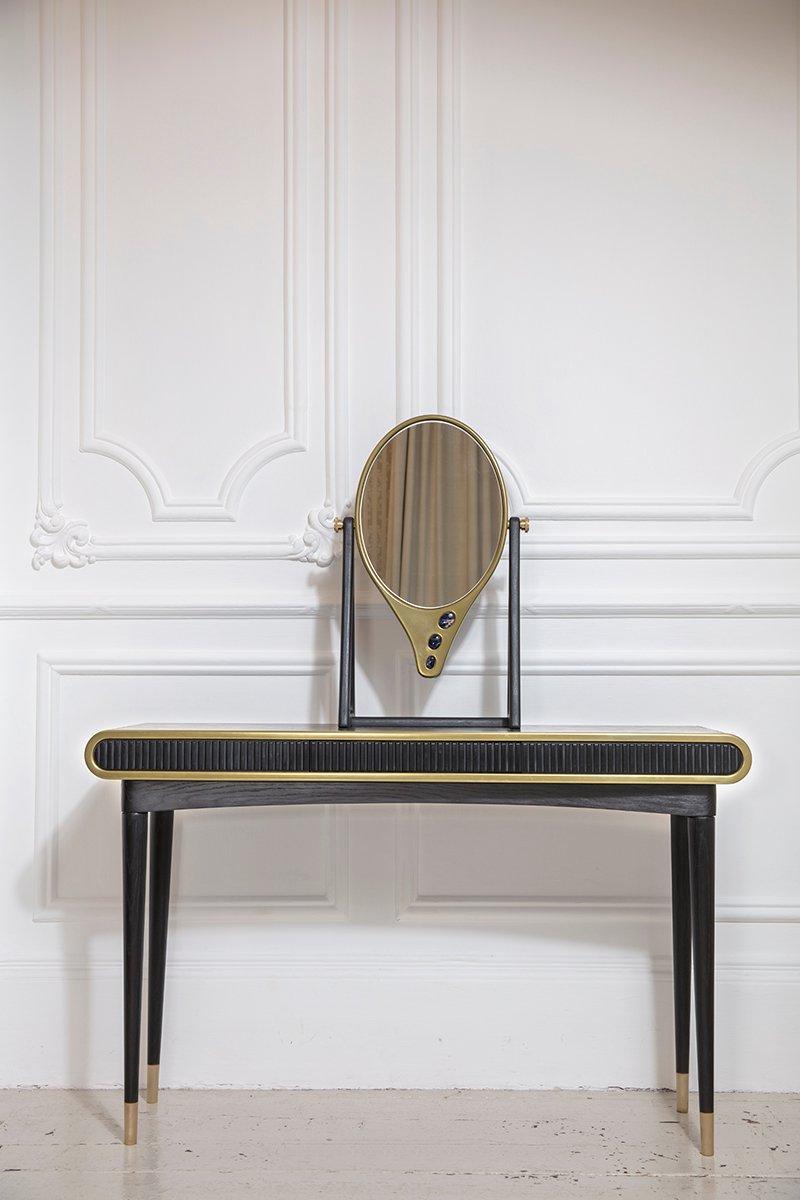 English Oak, Brass and Corian 'Oriette' Vanity Dressing Table Console by Felice James For Sale