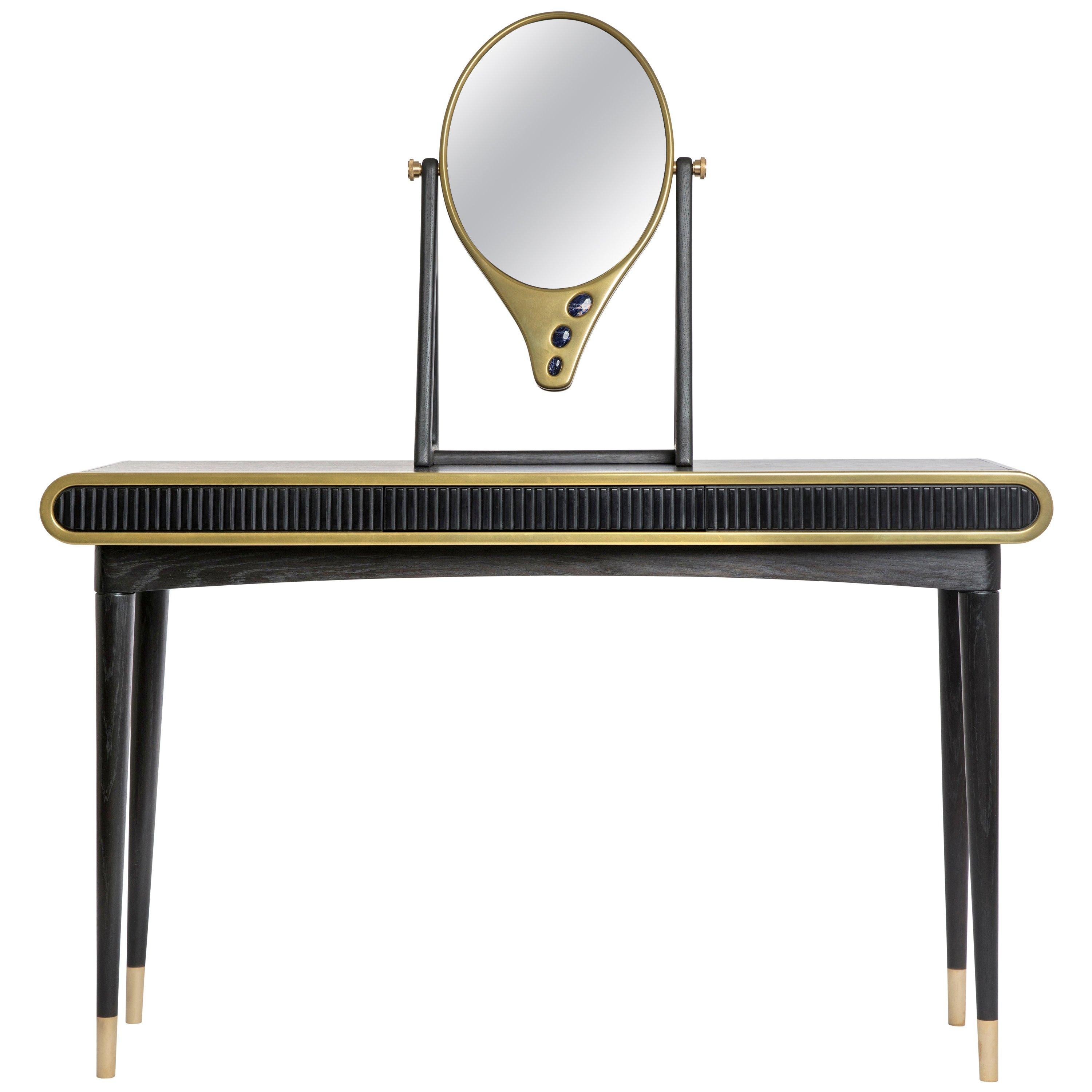 Oak, Brass and Corian 'Oriette' Vanity Dressing Table Console by Felice James For Sale