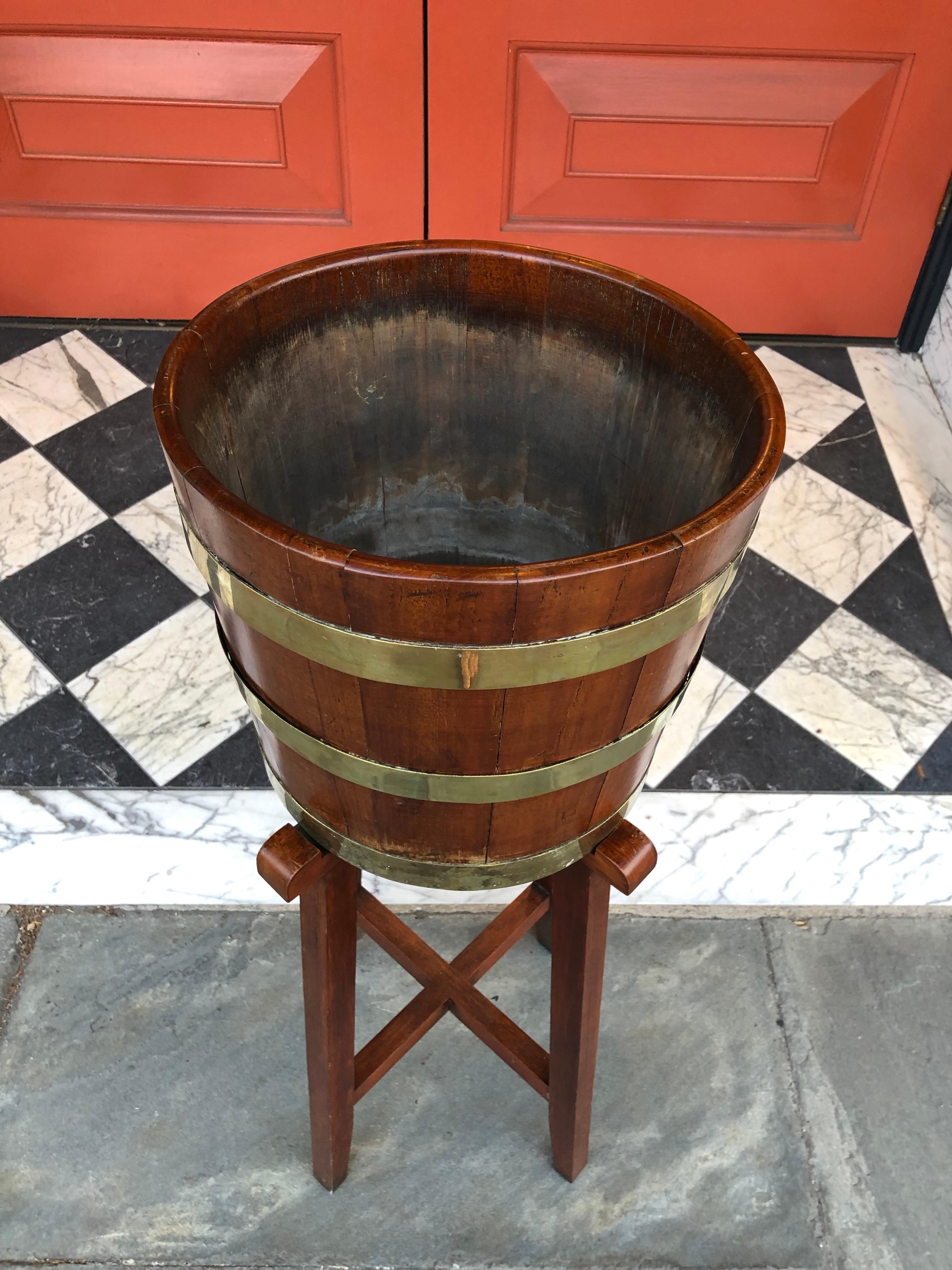 European Oak Brass Bound English Bucket on Stand for Planter or Wine