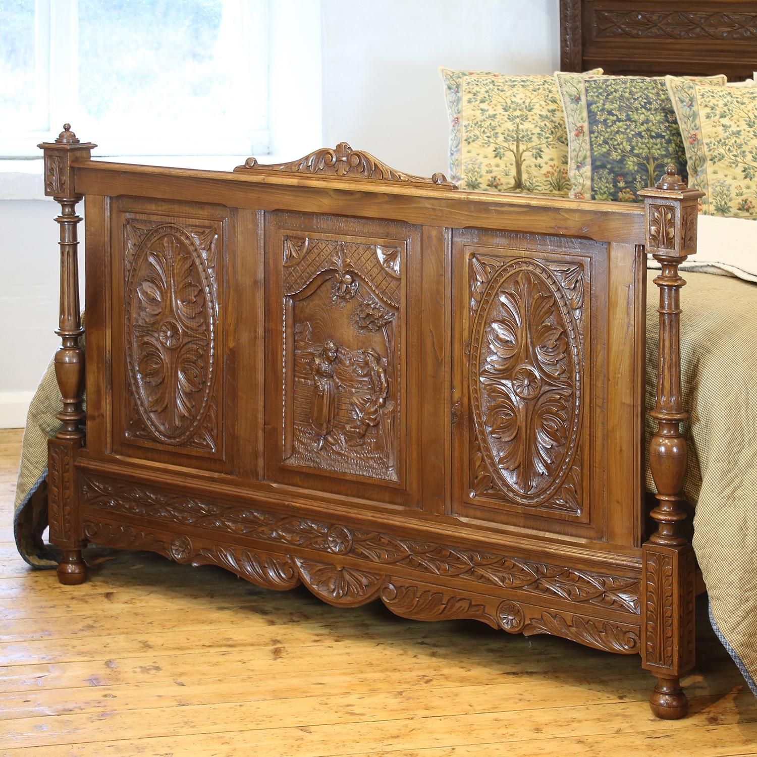 A fine Breton bed with ornate carving on pediment and foot panel.

This bed accepts a British King size or American Queen size, 5ft wide (60 inches or 150cm) base and mattress set.

The price is for the bed and a firm bed base to support a
