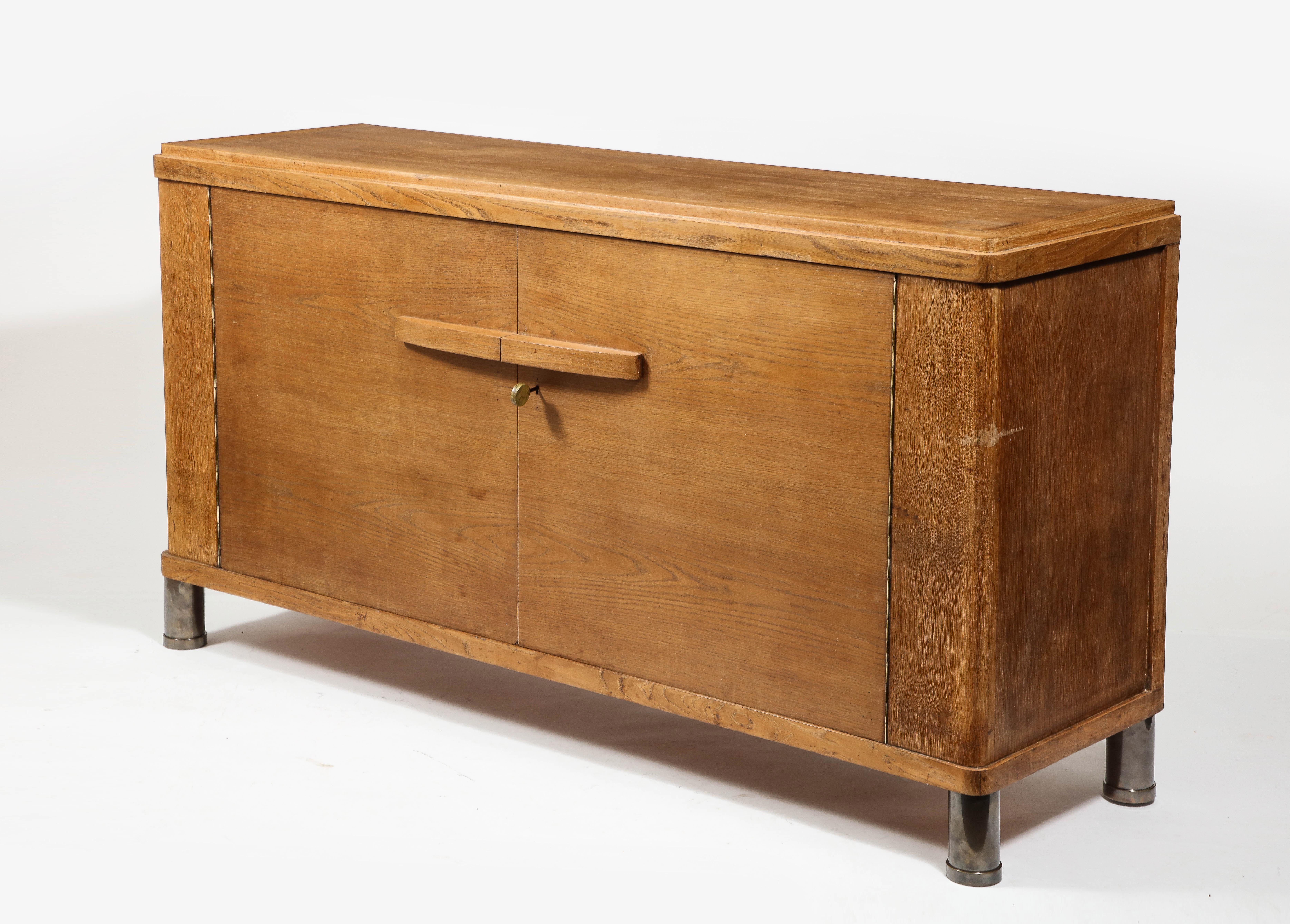 Oak & Bronze Cabinet Attributed to Jacques Adnet, France 1940's In Good Condition For Sale In New York, NY