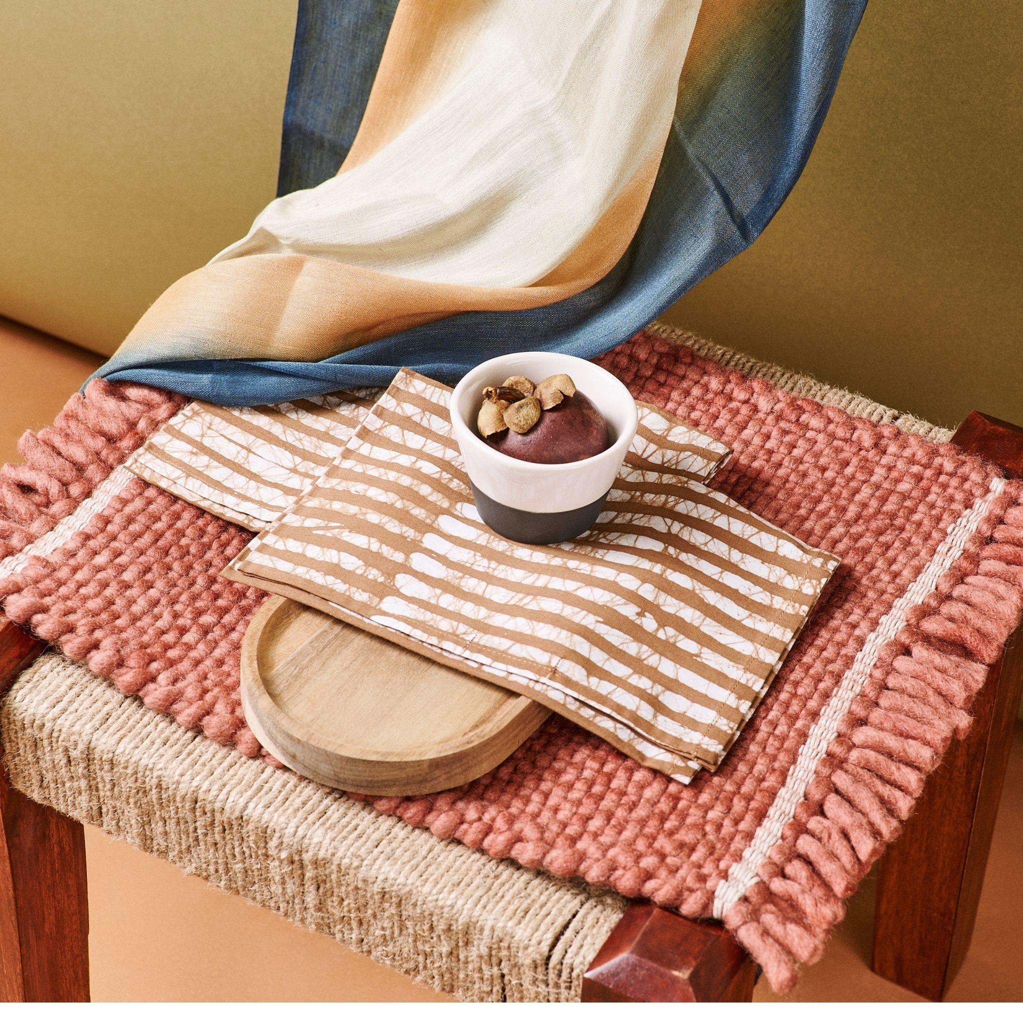 Oak Brown Cotton Table Napkins Hand Block Printed By Artisans (set of 4) For Sale 1