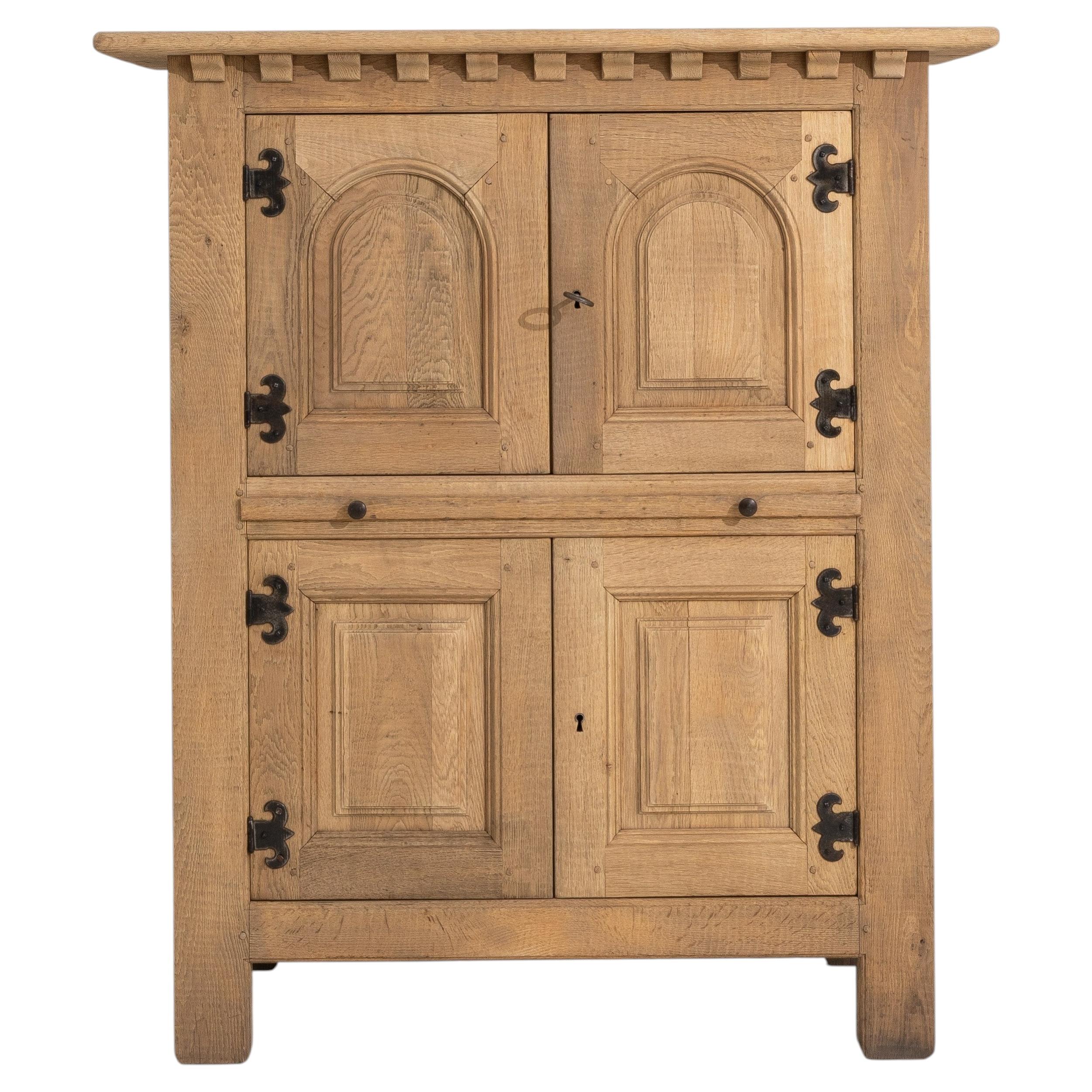 Brutalist Oak Cabinet, Solid Wood, Geometric Design, France, 1970
