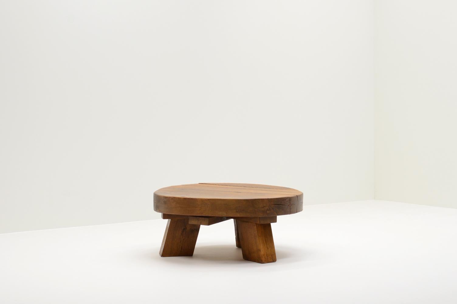 French Oak Brutalist Coffee Table, France, 70s