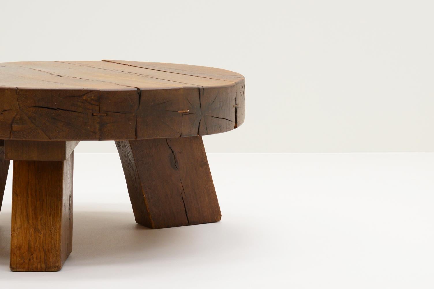 Late 20th Century Oak Brutalist Coffee Table, France, 70s