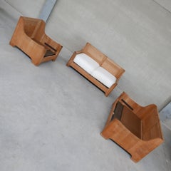 Oak Brutalist Mid-Century Sofa and Armchair Set
