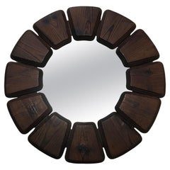 Oak brutalist miror, french 1970