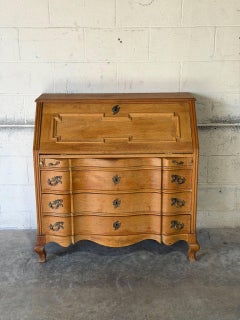 Oak Bureau with Drop-Front Desk and Three Serpentine Drawers Danish Vintage1970s