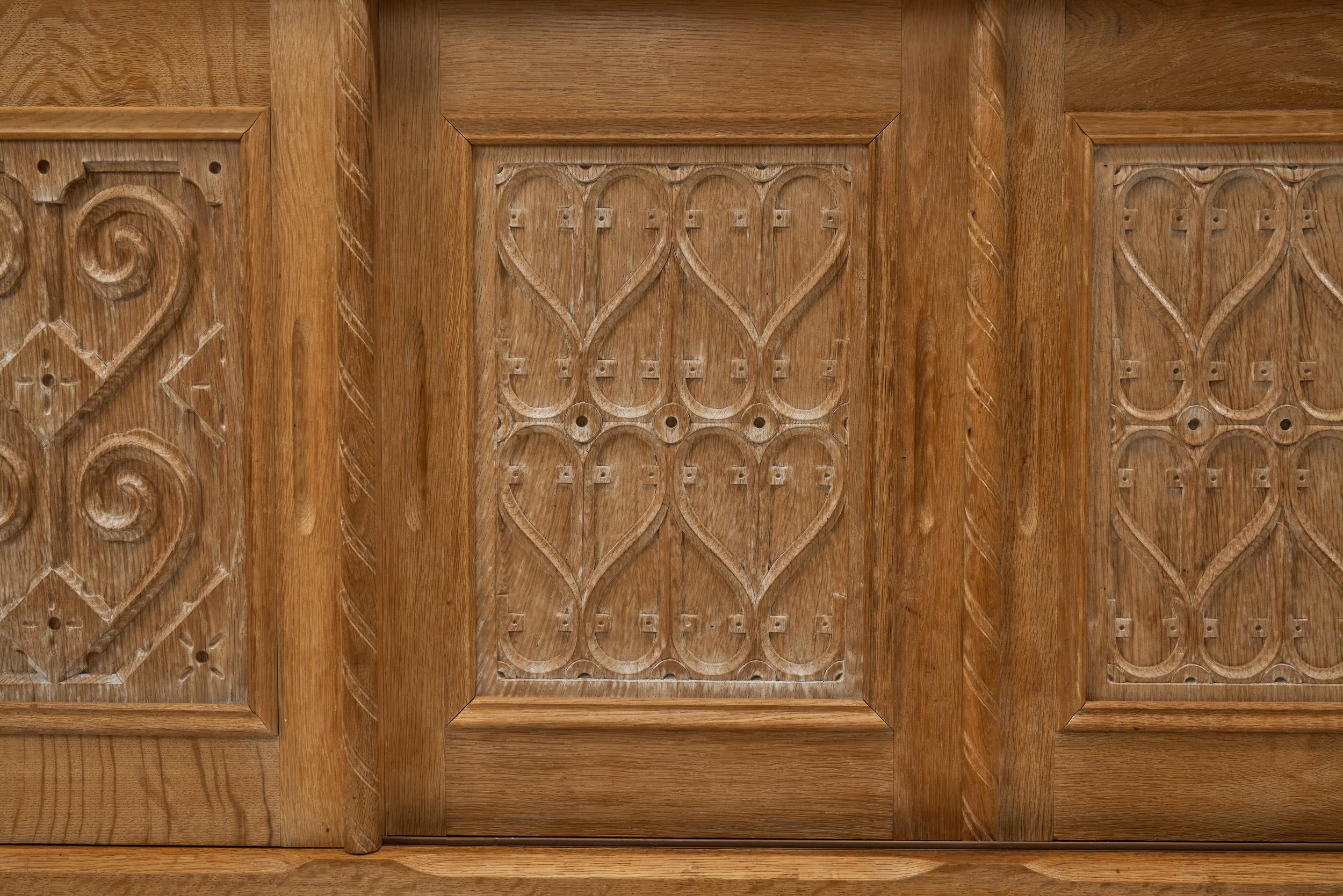 Oak Cabinet with Carved Motifs by Henning Kjærnulf, Denmark Mid 20th Century For Sale 5