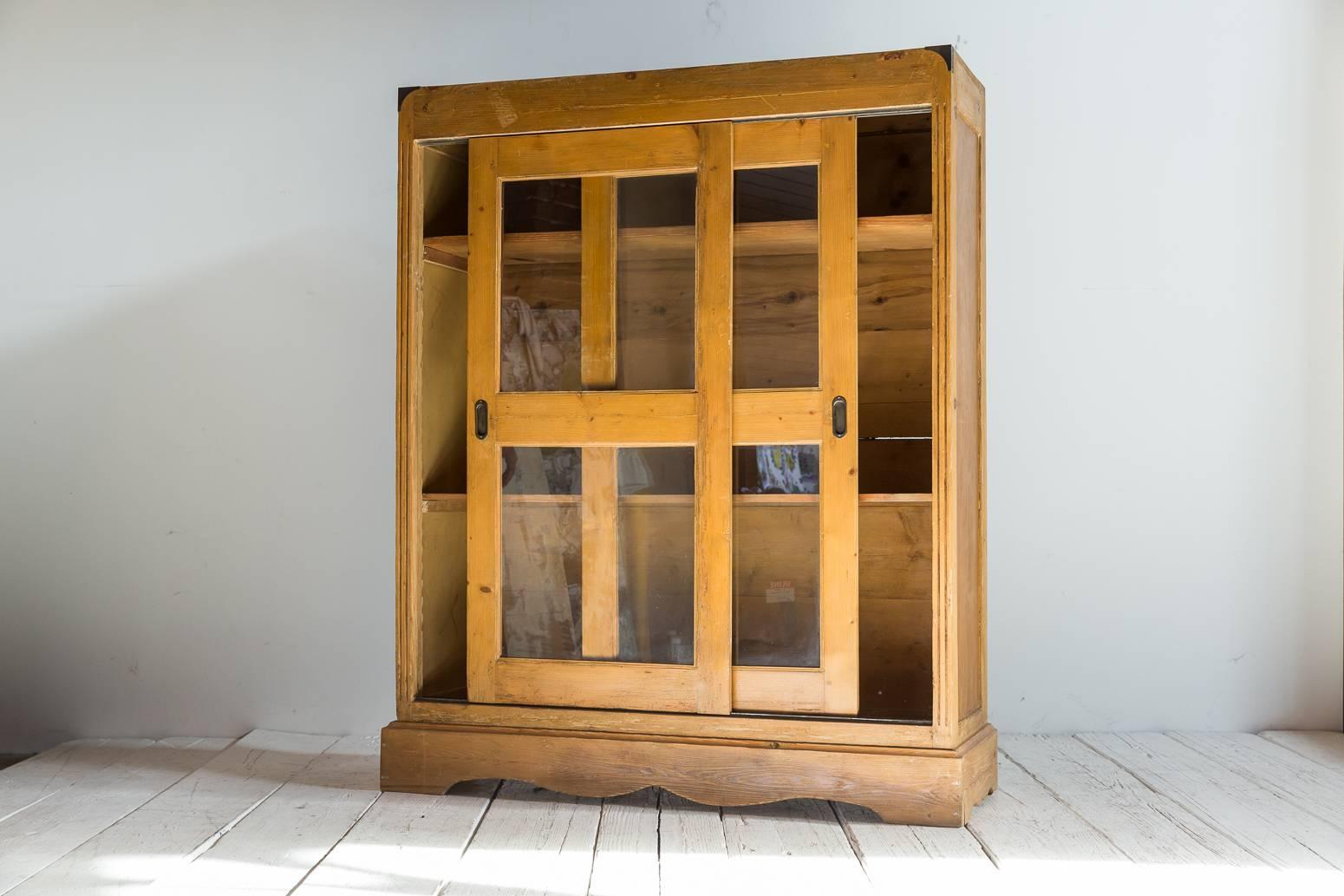 Mid-20th Century Oak Cabinet with Glass Sliding Doors