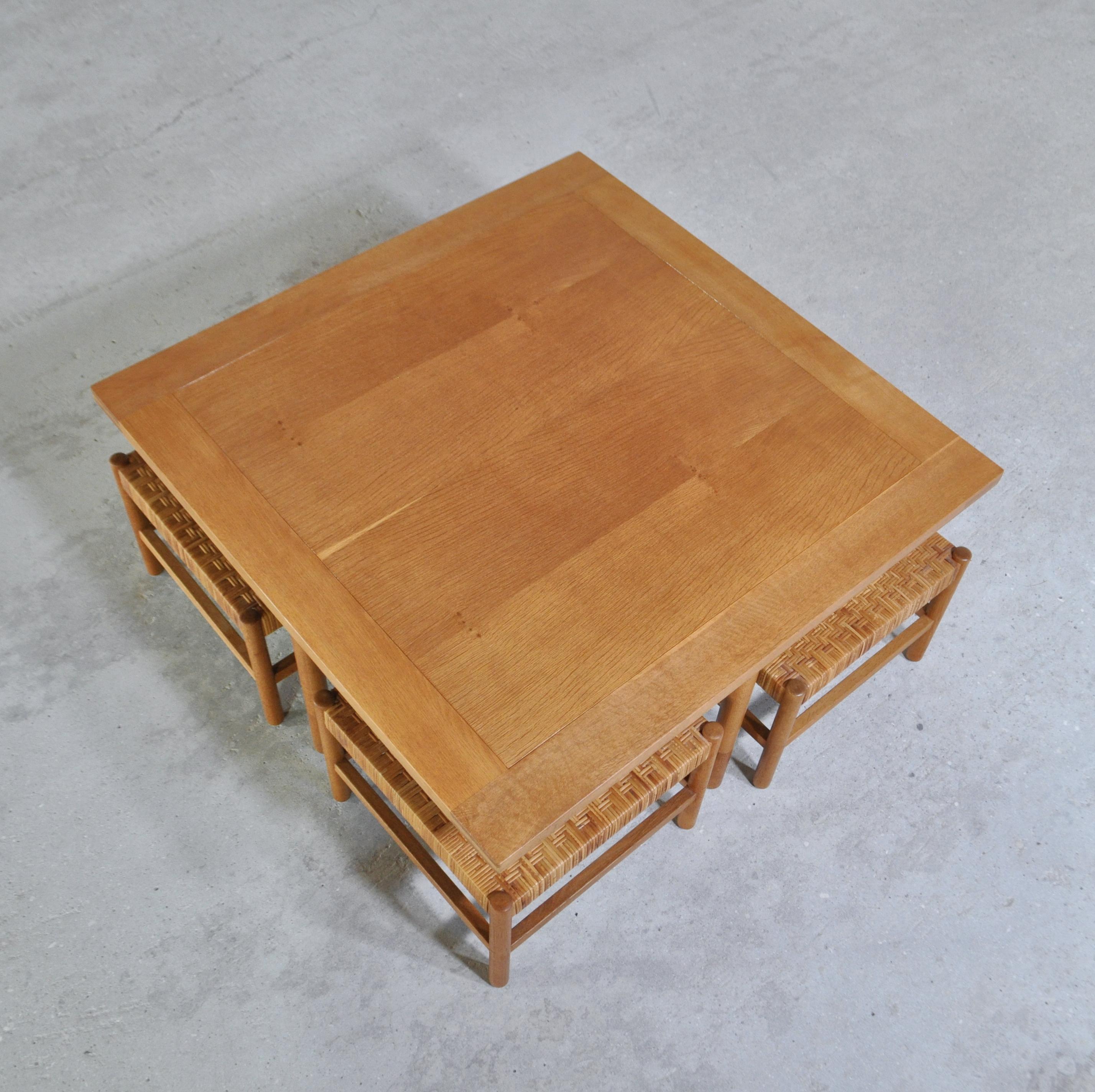Oak & Cane Table and Stool Set by Axel Thygesen for Interna Danish Modern, 1950s 10