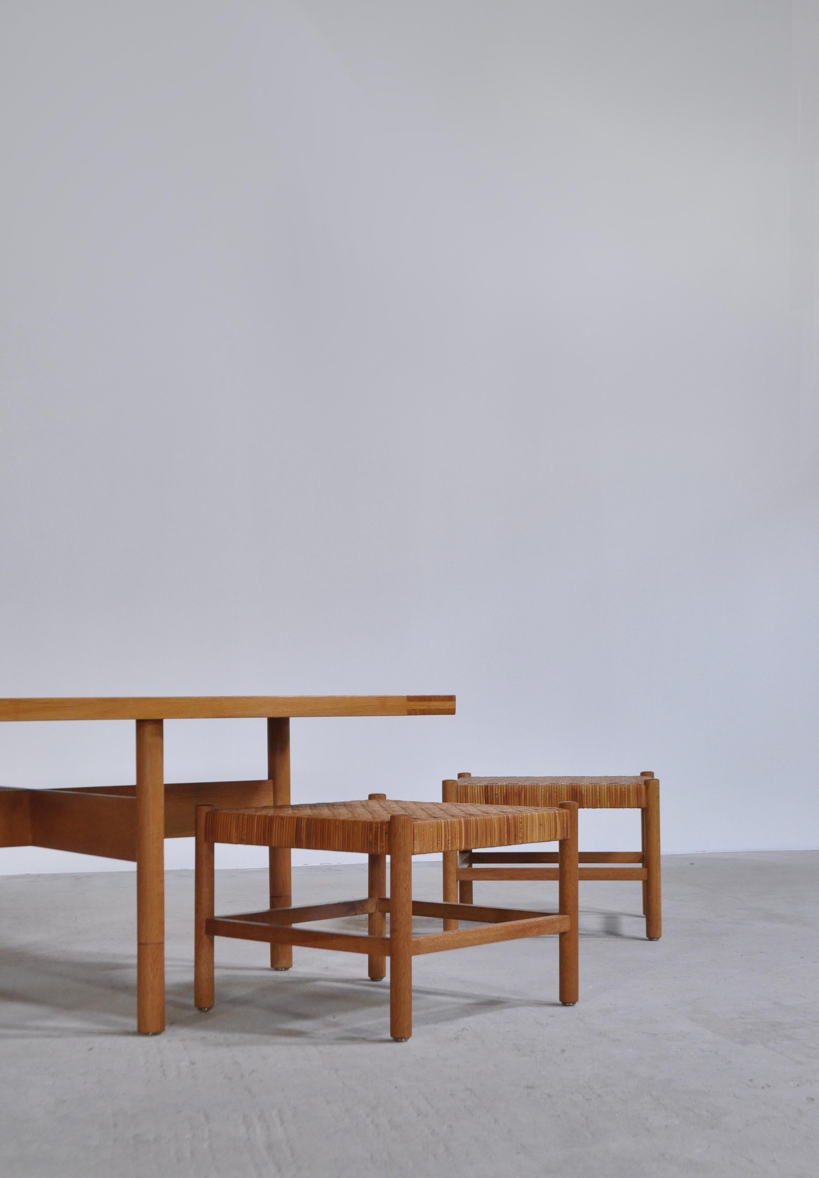 Scandinavian Modern Oak & Cane Table and Stool Set by Axel Thygesen for Interna Danish Modern, 1950s
