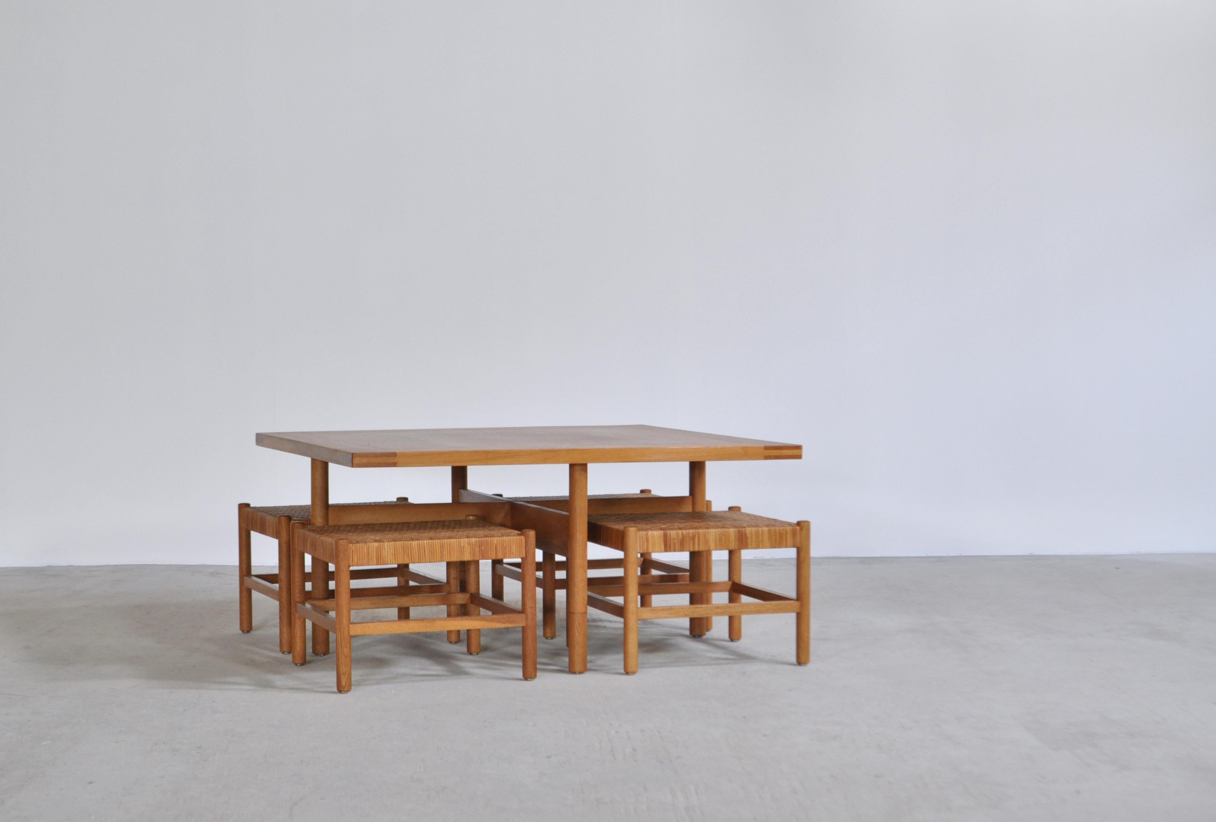 Oak & Cane Table and Stool Set by Axel Thygesen for Interna Danish Modern, 1950s In Good Condition In Odense, DK