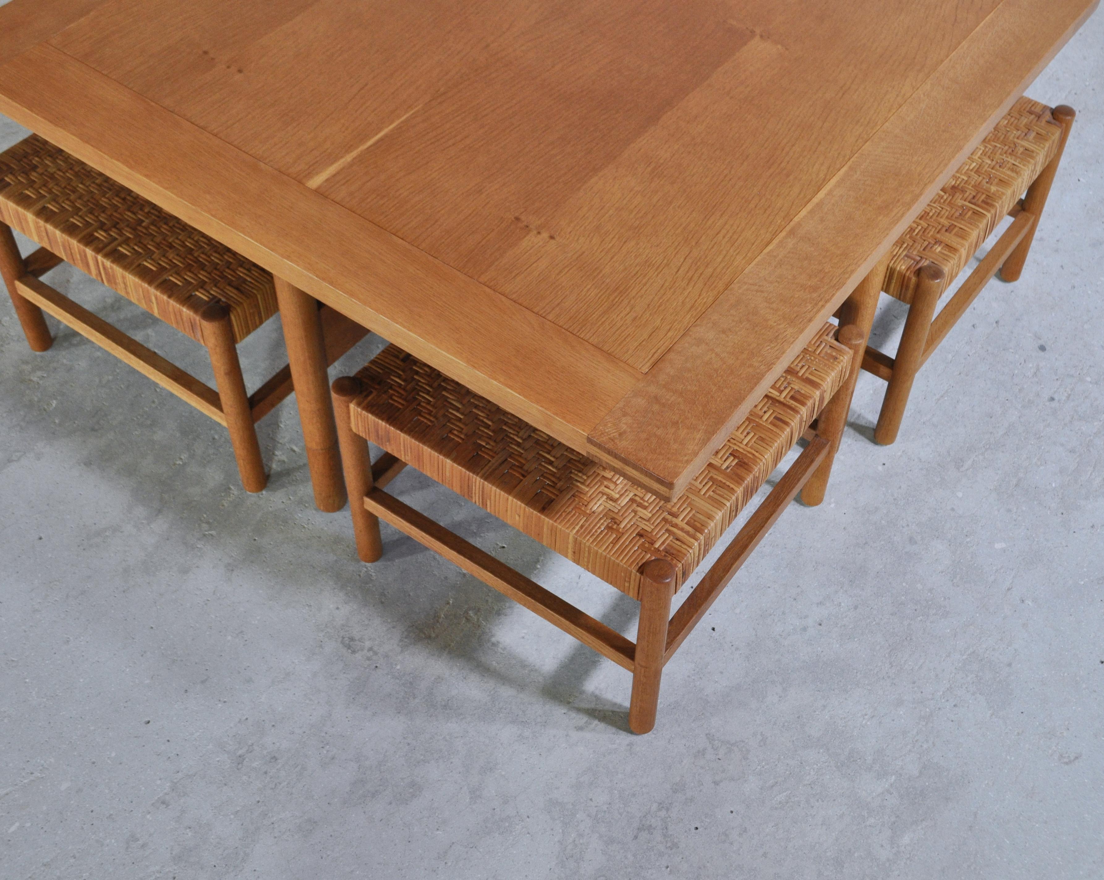 Mid-20th Century Oak & Cane Table and Stool Set by Axel Thygesen for Interna Danish Modern, 1950s