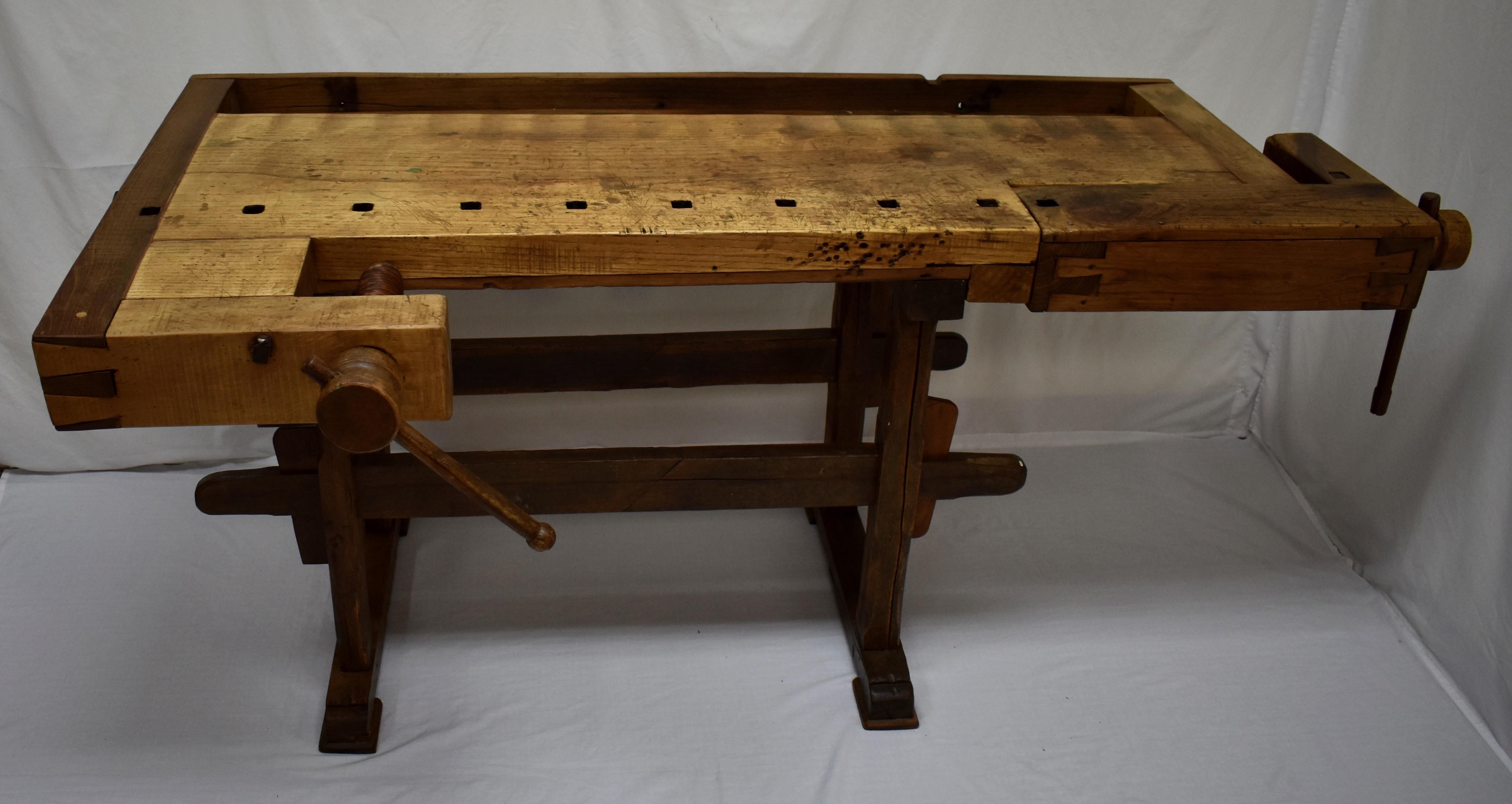 This outstanding oak Joiner’s workbench is smaller than most. It is also less distressed than most, and while it bears all the scars of decades of purposeful use, it does not have the deep gouges, chops and multiple incisions found on most such