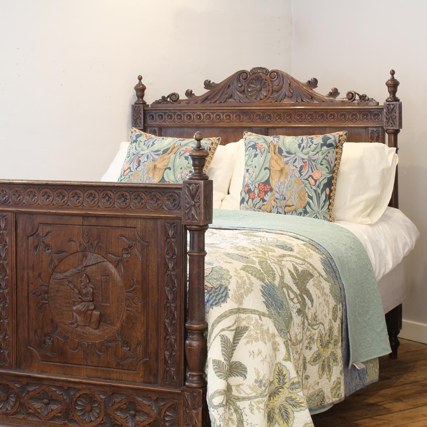 French Oak Carved Breton Antique Bed, WK203