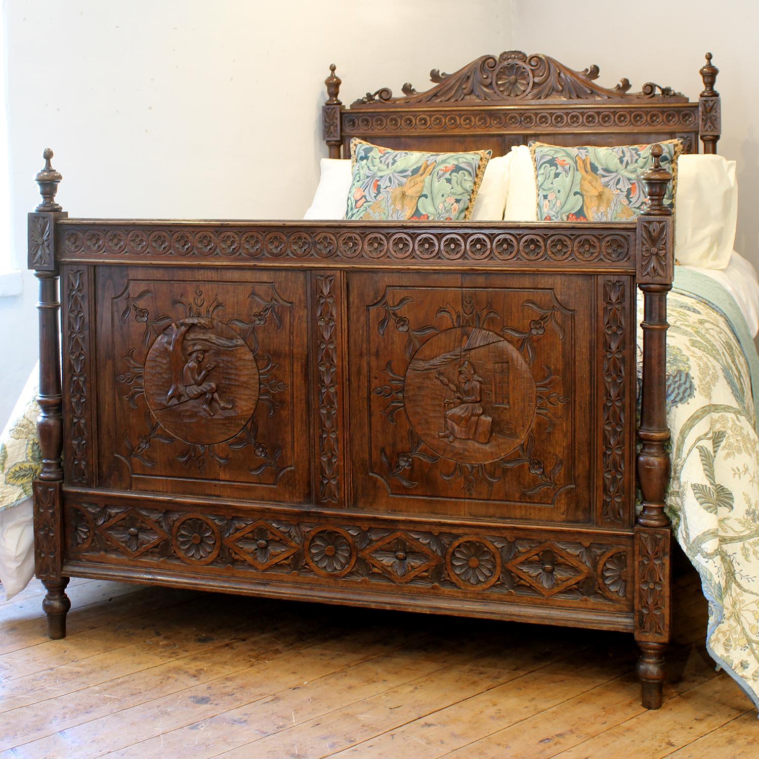 20th Century Oak Carved Breton Antique Bed, WK203