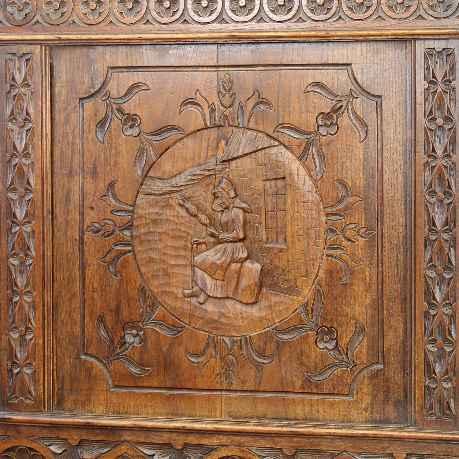 Oak Carved Breton Antique Bed, WK203 2