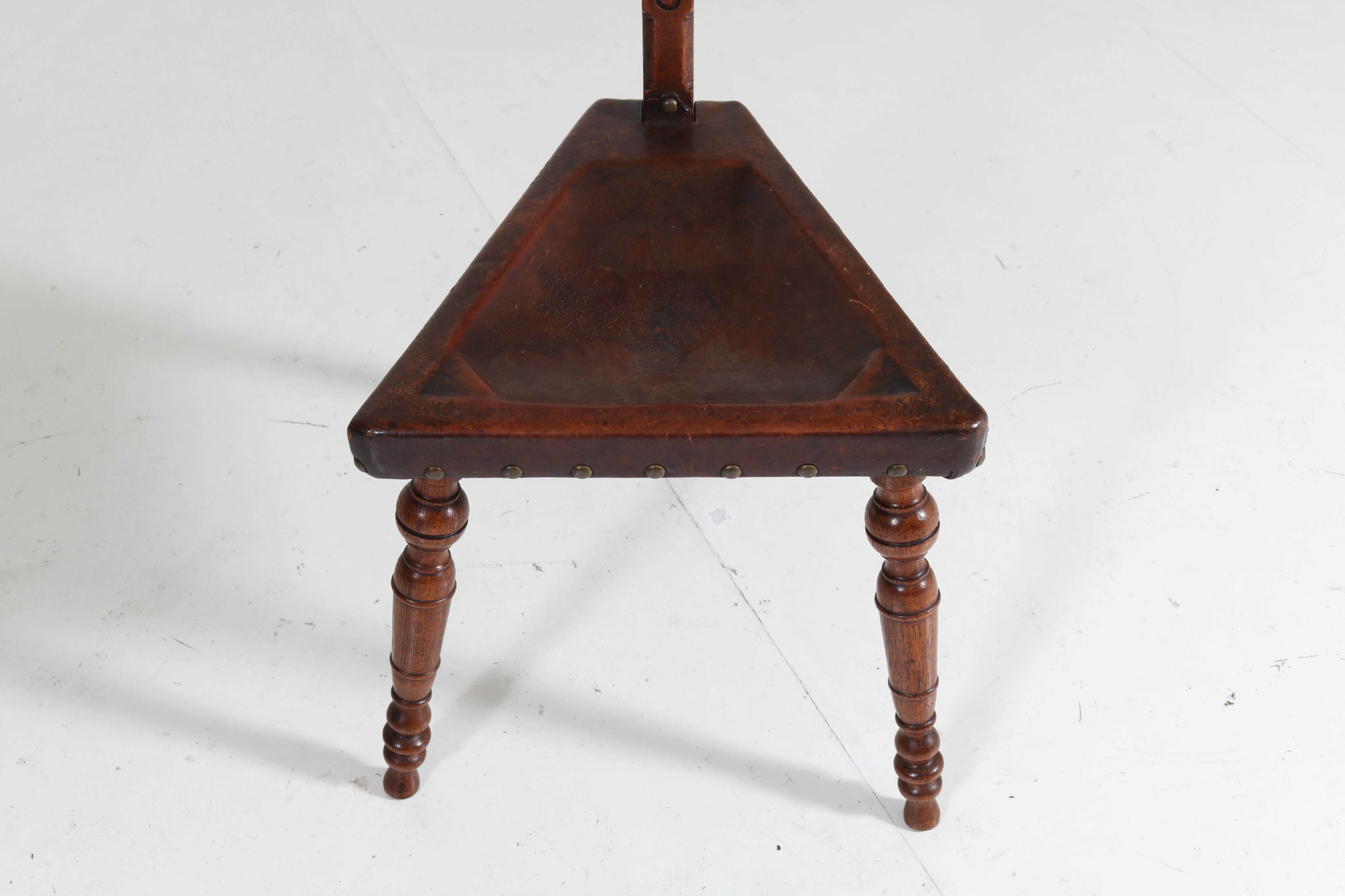 Oak Carved Renaissance Revival Tripod Chair with Leather Seat, 1900s In Good Condition In Amsterdam, NL