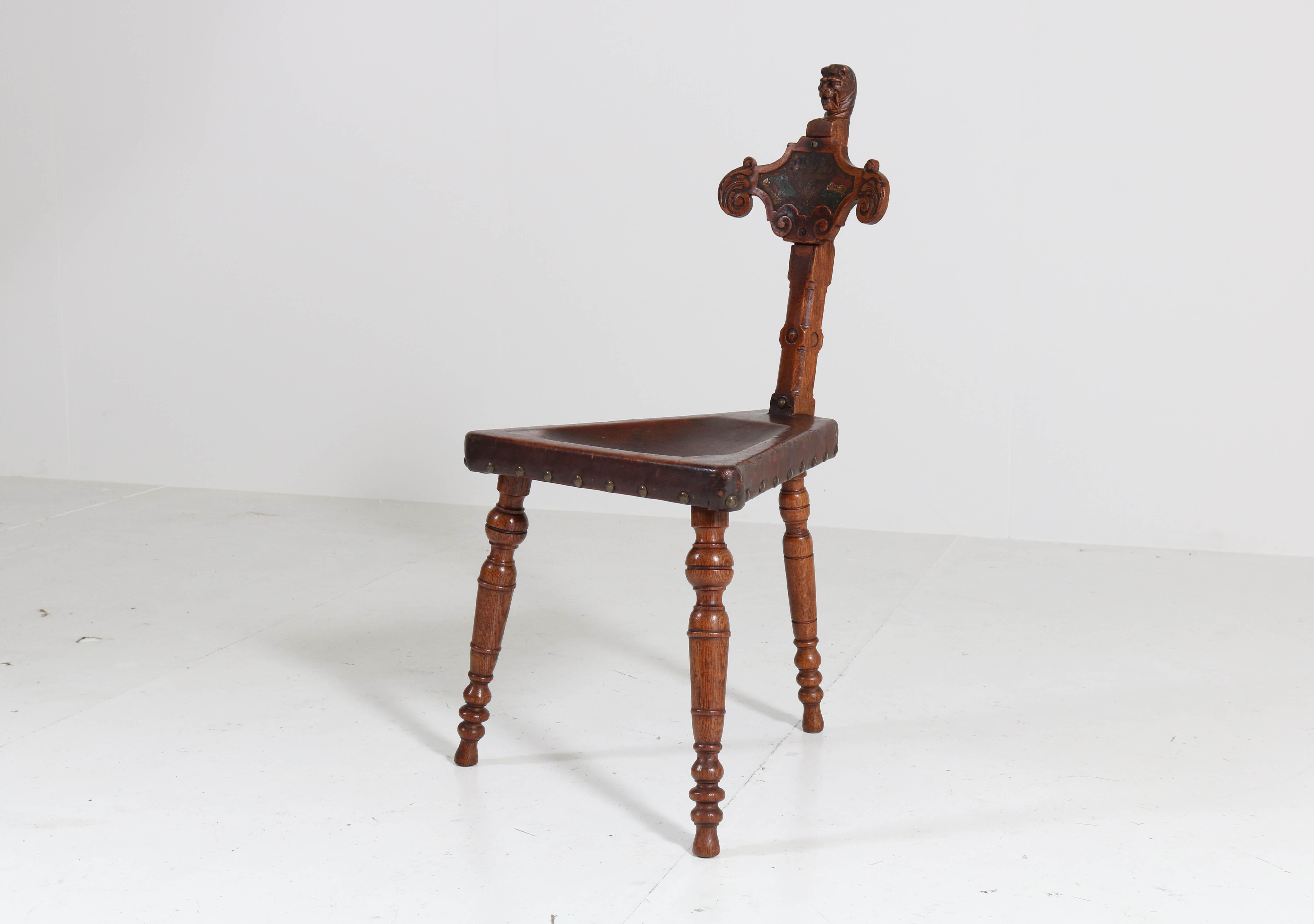 Early 20th Century Oak Carved Renaissance Revival Tripod Chair with Leather Seat, 1900s