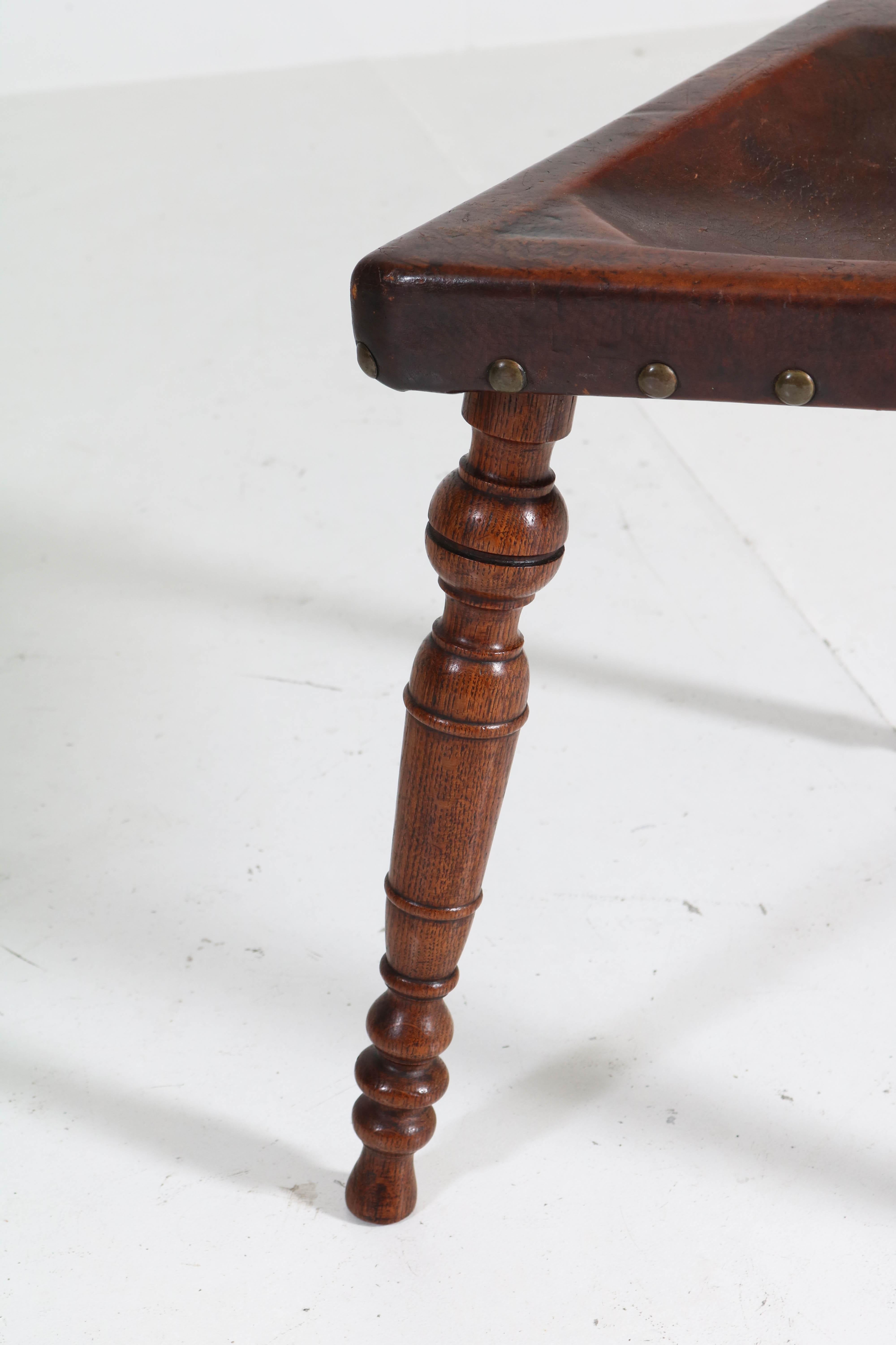 Oak Carved Renaissance Revival Tripod Chair with Leather Seat, 1900s 1