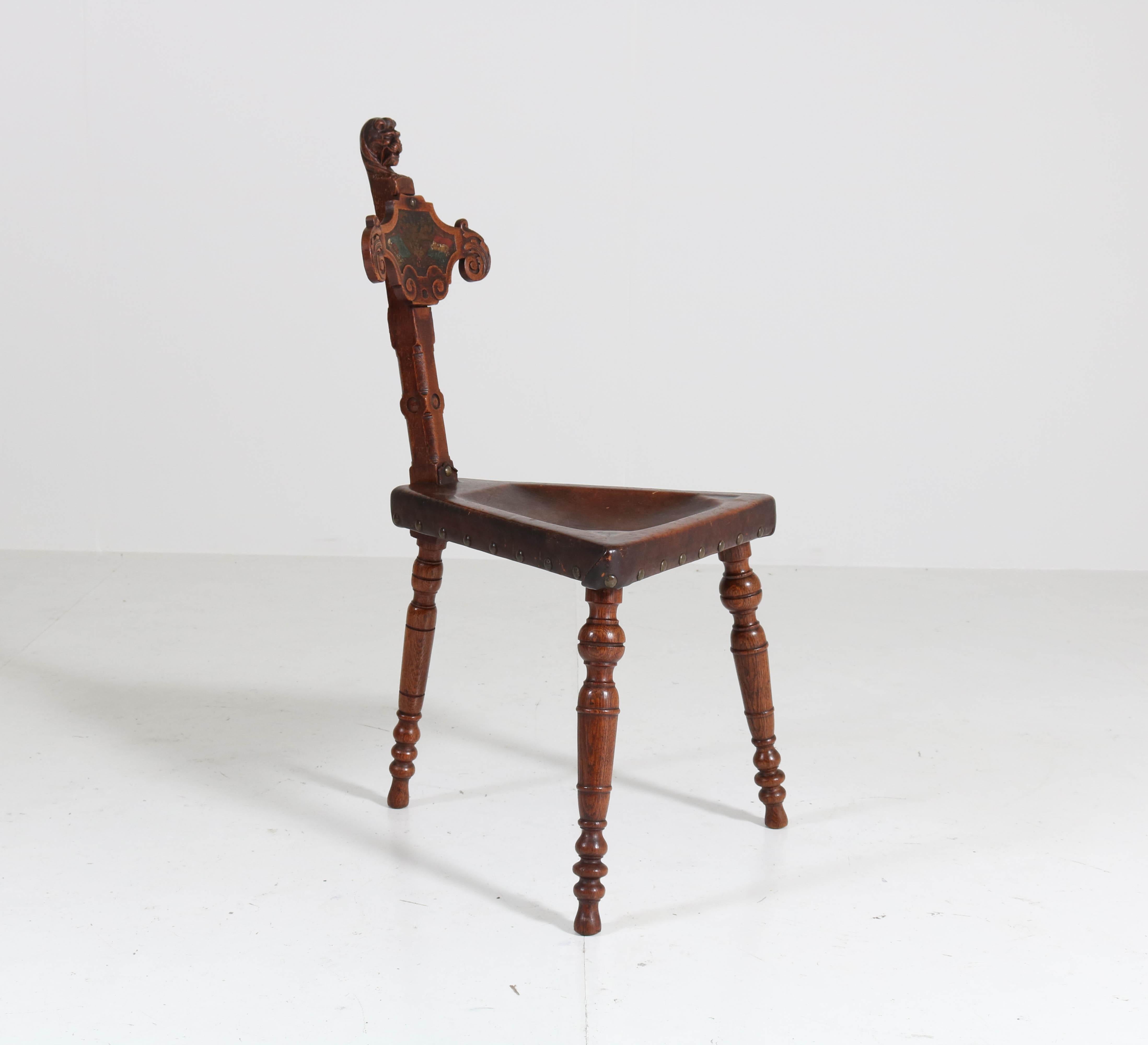 Oak Carved Renaissance Revival Tripod Chair with Leather Seat, 1900s 2