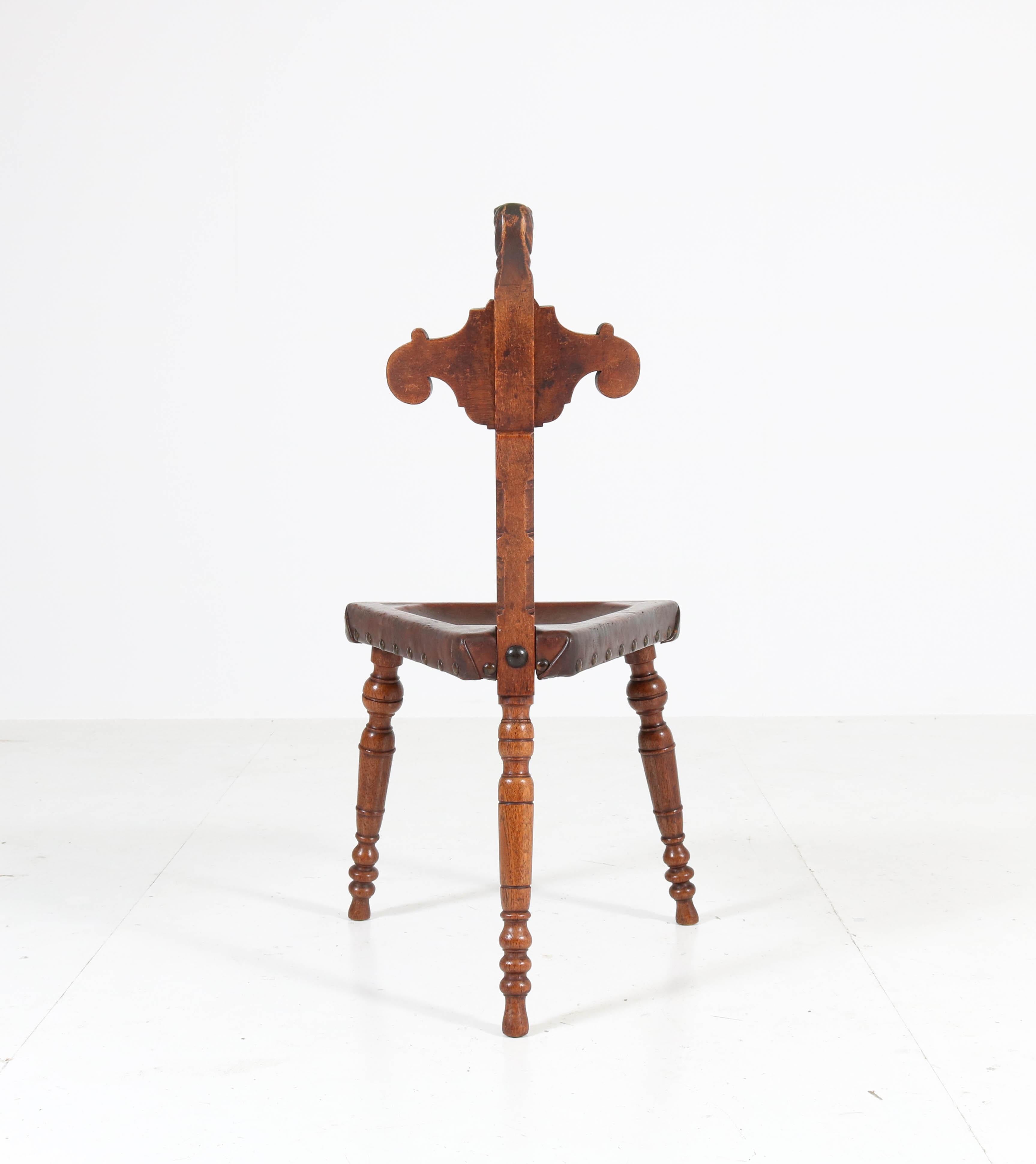 Oak Carved Renaissance Revival Tripod Chair with Leather Seat, 1900s 3