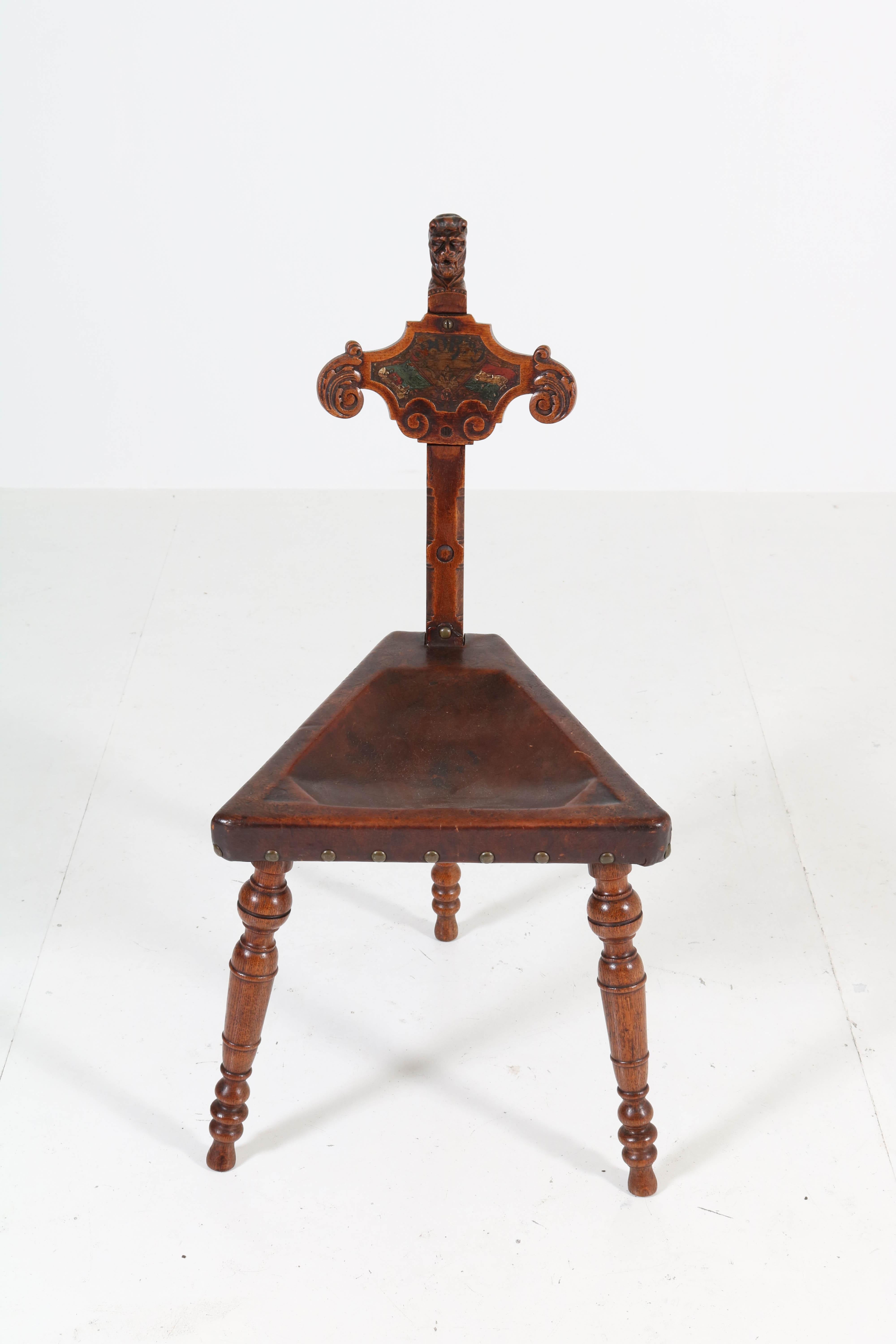 Oak Carved Renaissance Revival Tripod Chair with Leather Seat, 1900s 4