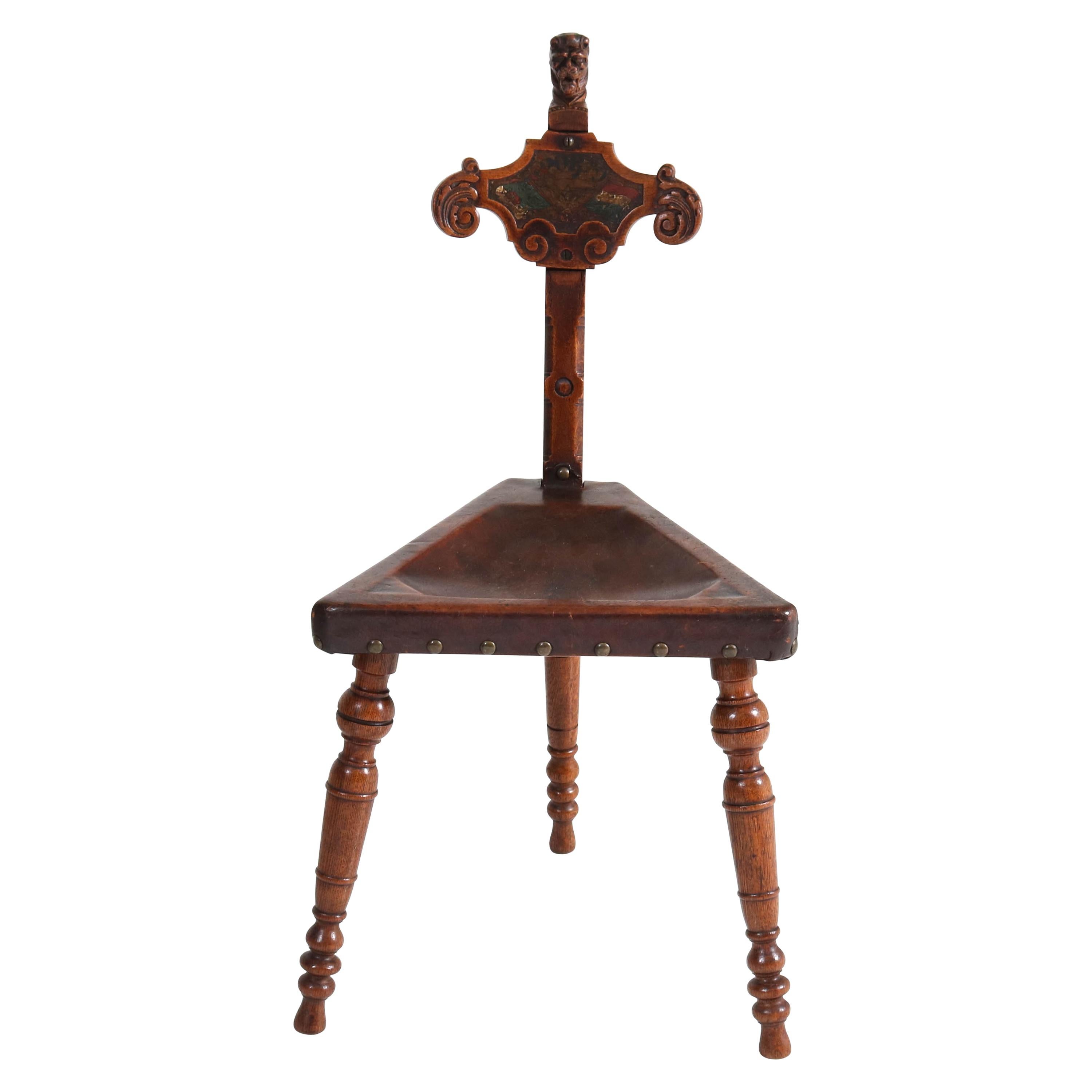 Oak Carved Renaissance Revival Tripod Chair with Leather Seat, 1900s