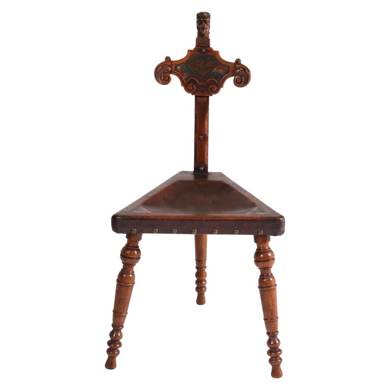 Oak Carved Renaissance Revival Tripod Chair with Leather Seat, 1900s 1