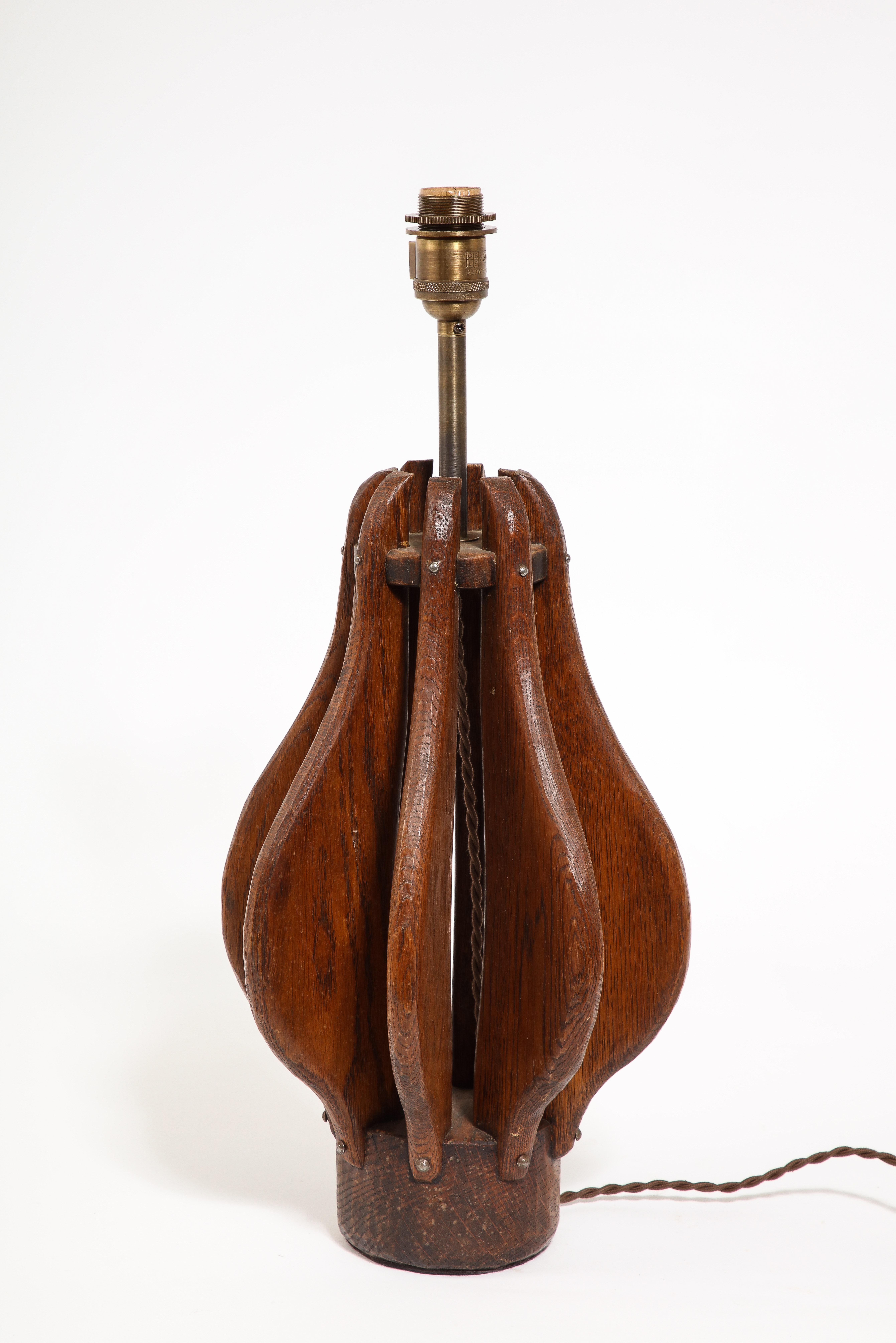 Brutalist Carved Oak Slats Lamp, France 1950’s For Sale 5