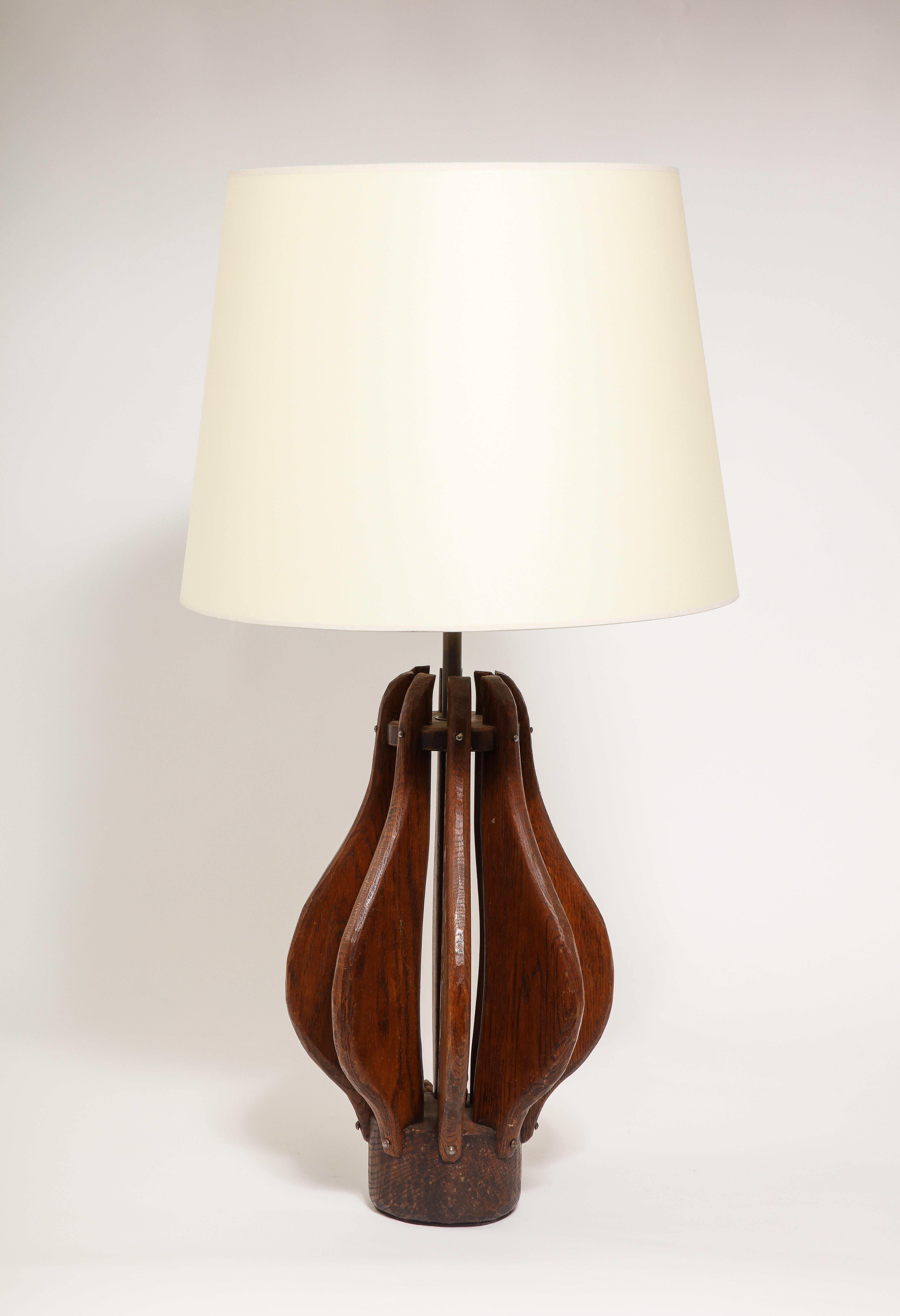 Brutalist Carved Oak Slats Lamp, France 1950’s For Sale 8