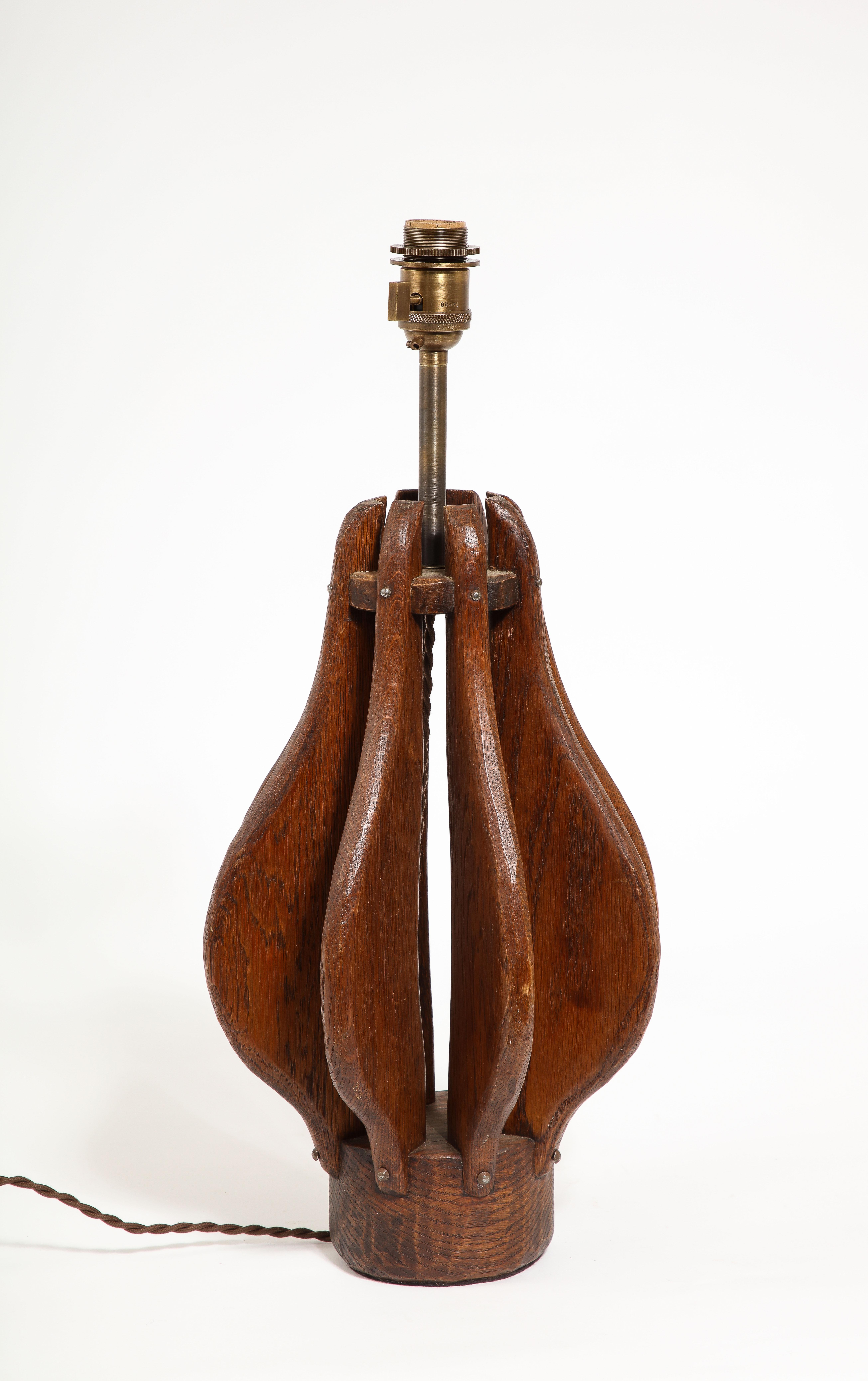 Brutalist Carved Oak Slats Lamp, France 1950’s For Sale 1