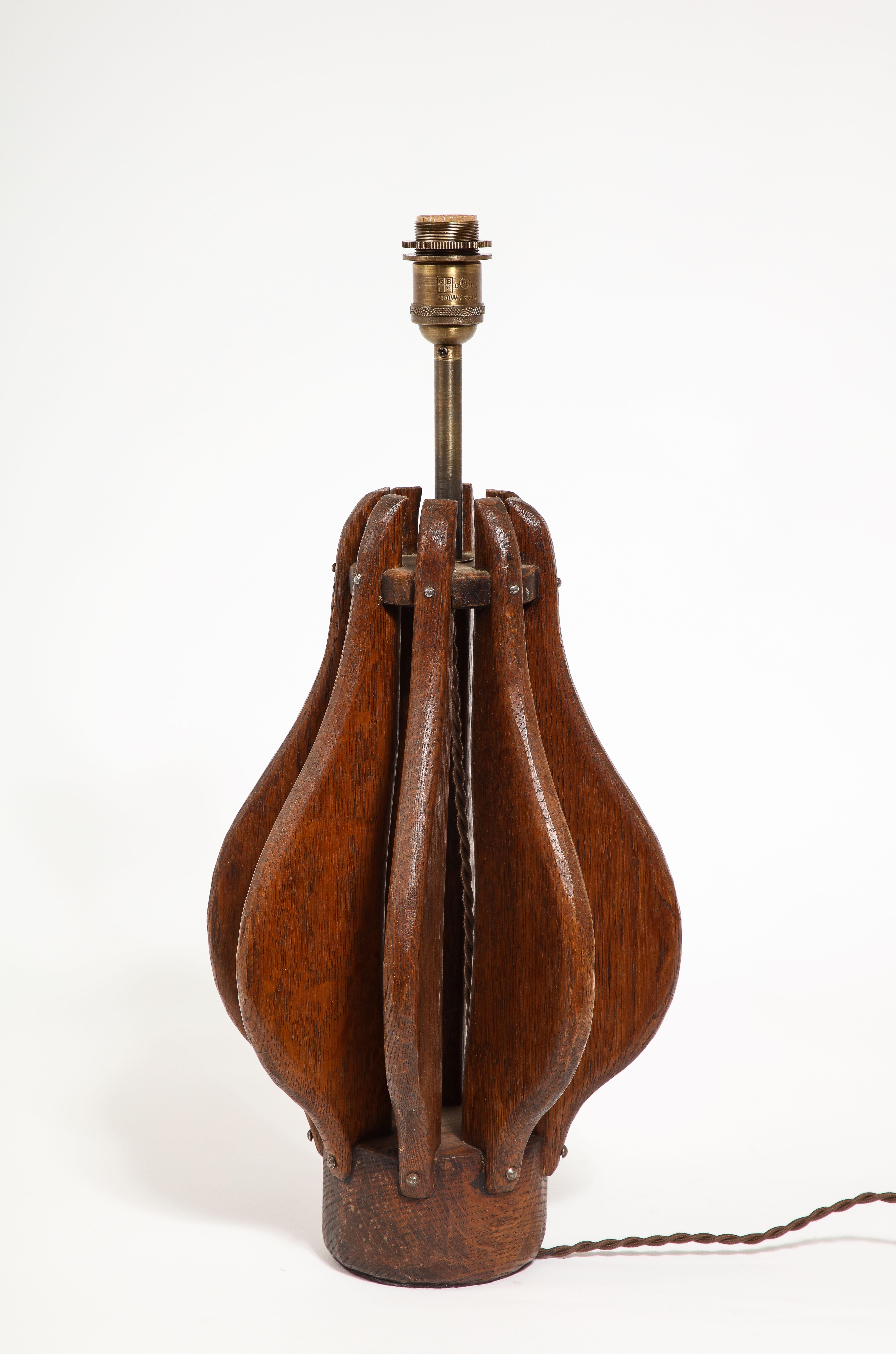 Brutalist Carved Oak Slats Lamp, France 1950’s For Sale 3