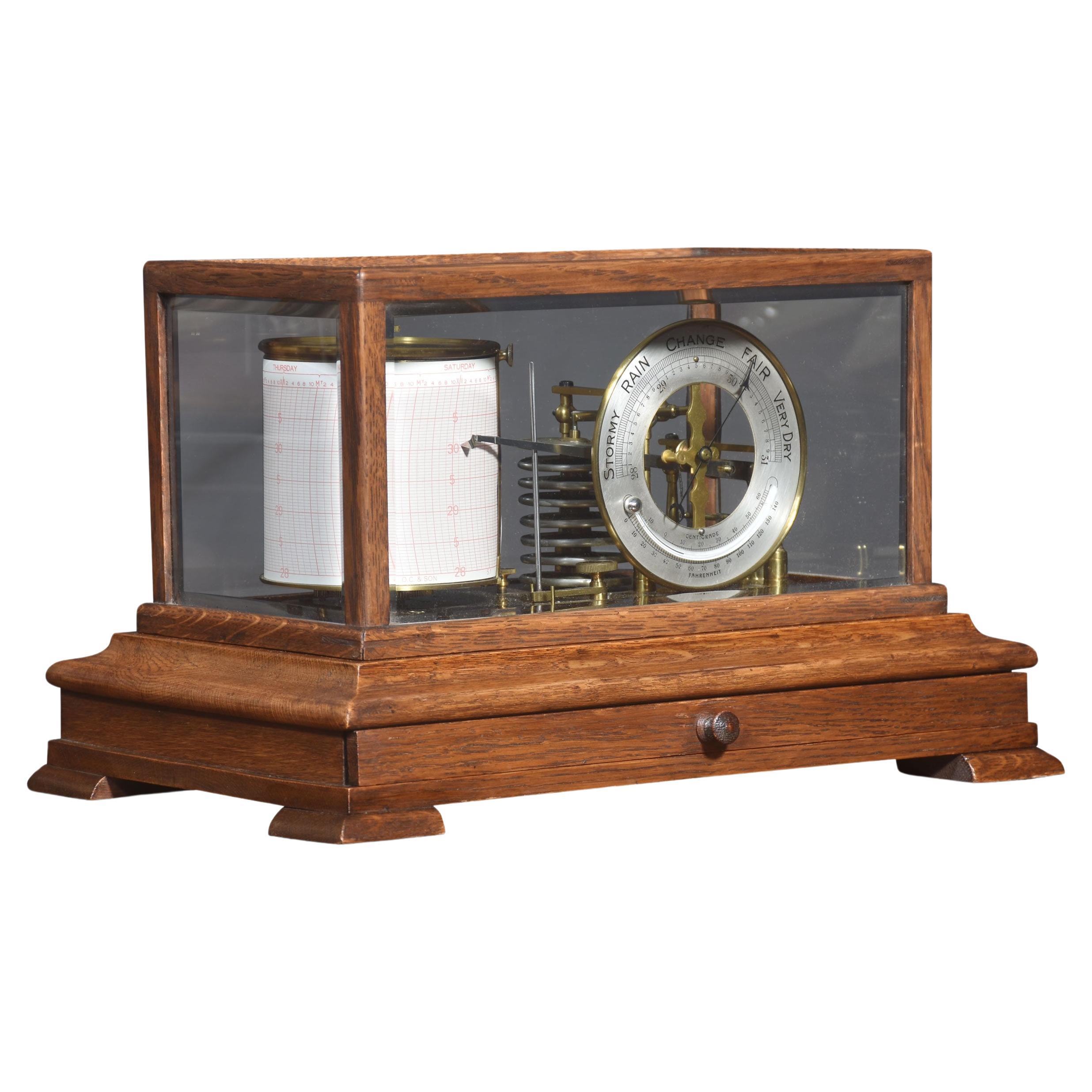 Oak cased barograph and barometer For Sale