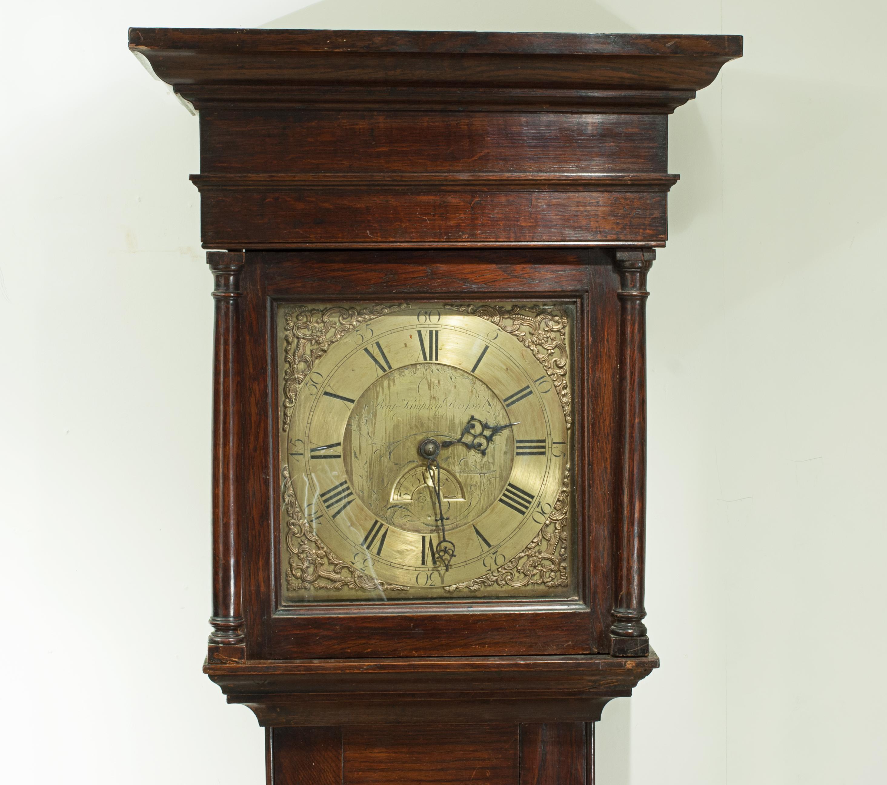 Benjamin Lamprey Long Case Clock.
A wonderful Grandfather clock by the Cotswold clock maker Benjamin Lamprey, Burford. A mid-18th century oak longcase clock with 11-inch square brass dial with black Roman and Arabic numerals, Day of the month