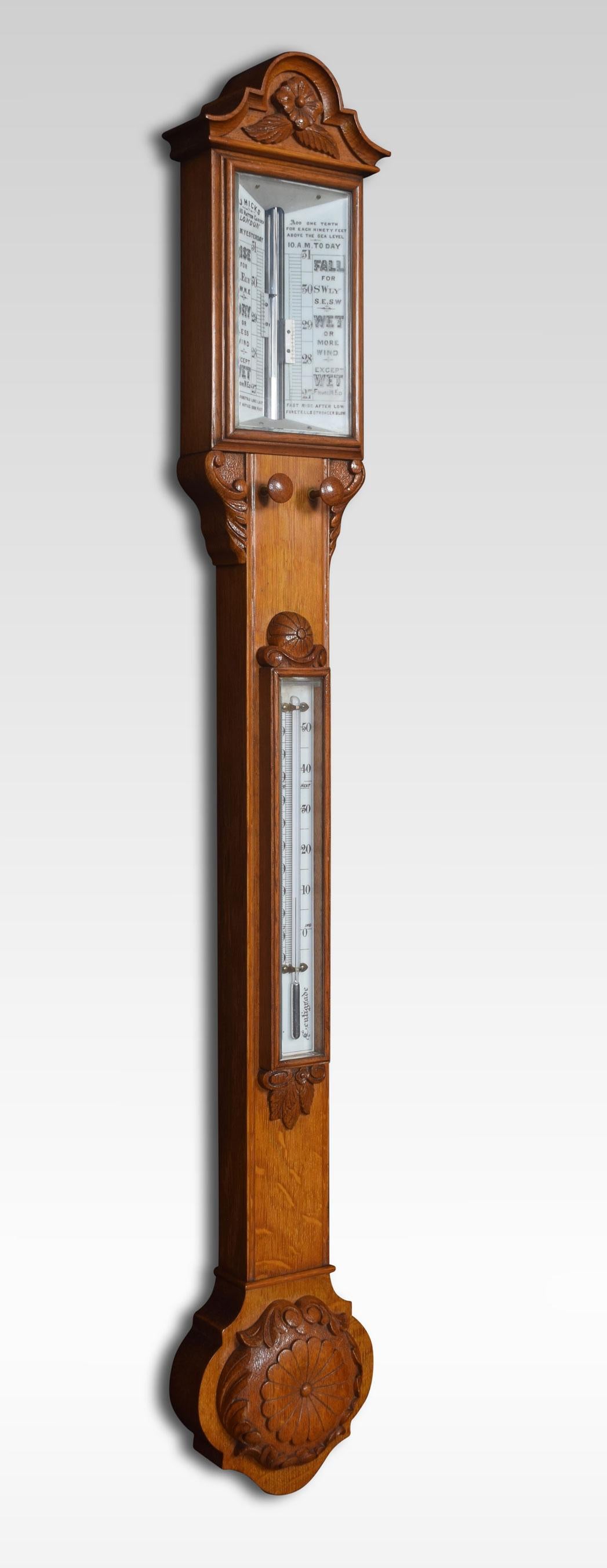 19th Century Oak Cased Stick Barometer and Thermometer For Sale