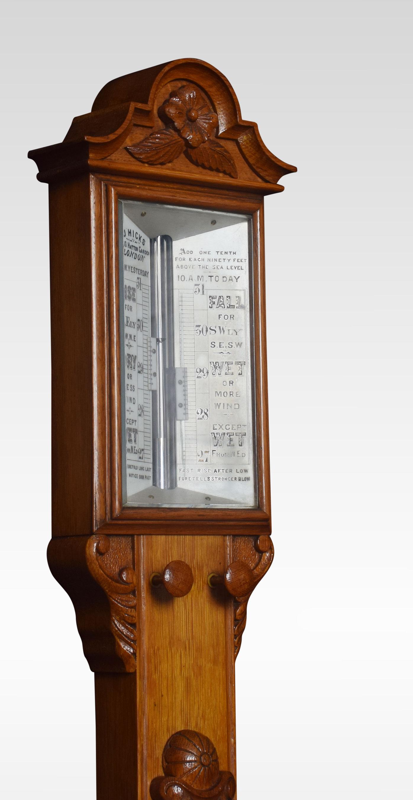 Oak Cased Stick Barometer and Thermometer For Sale 1