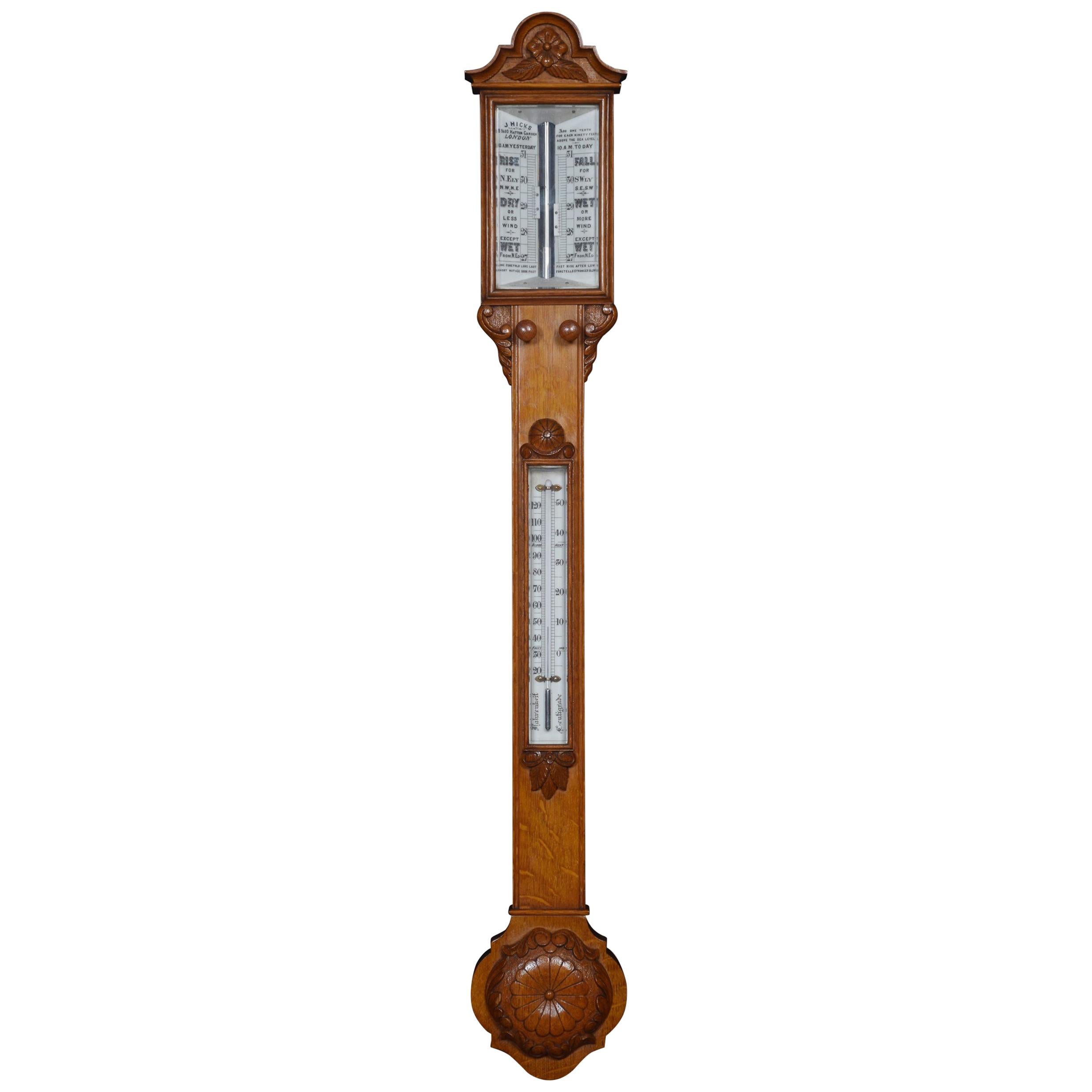 Oak Cased Stick Barometer and Thermometer