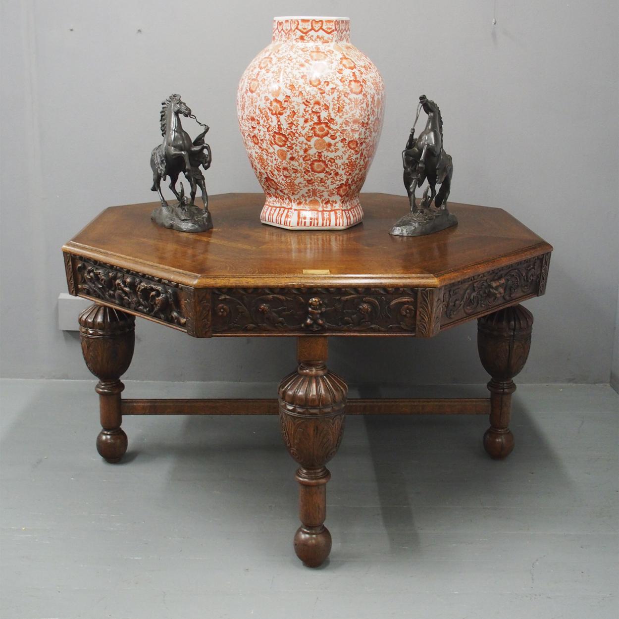 Constructed circa 1860 from 17th century wood, historic oak octagonal centre/dining table. The top is made from wood from The Covenant House, Covenant Close, Edinburgh. The legs are carved from beams of Cardinal Beaton’s House Edinburgh and it has a
