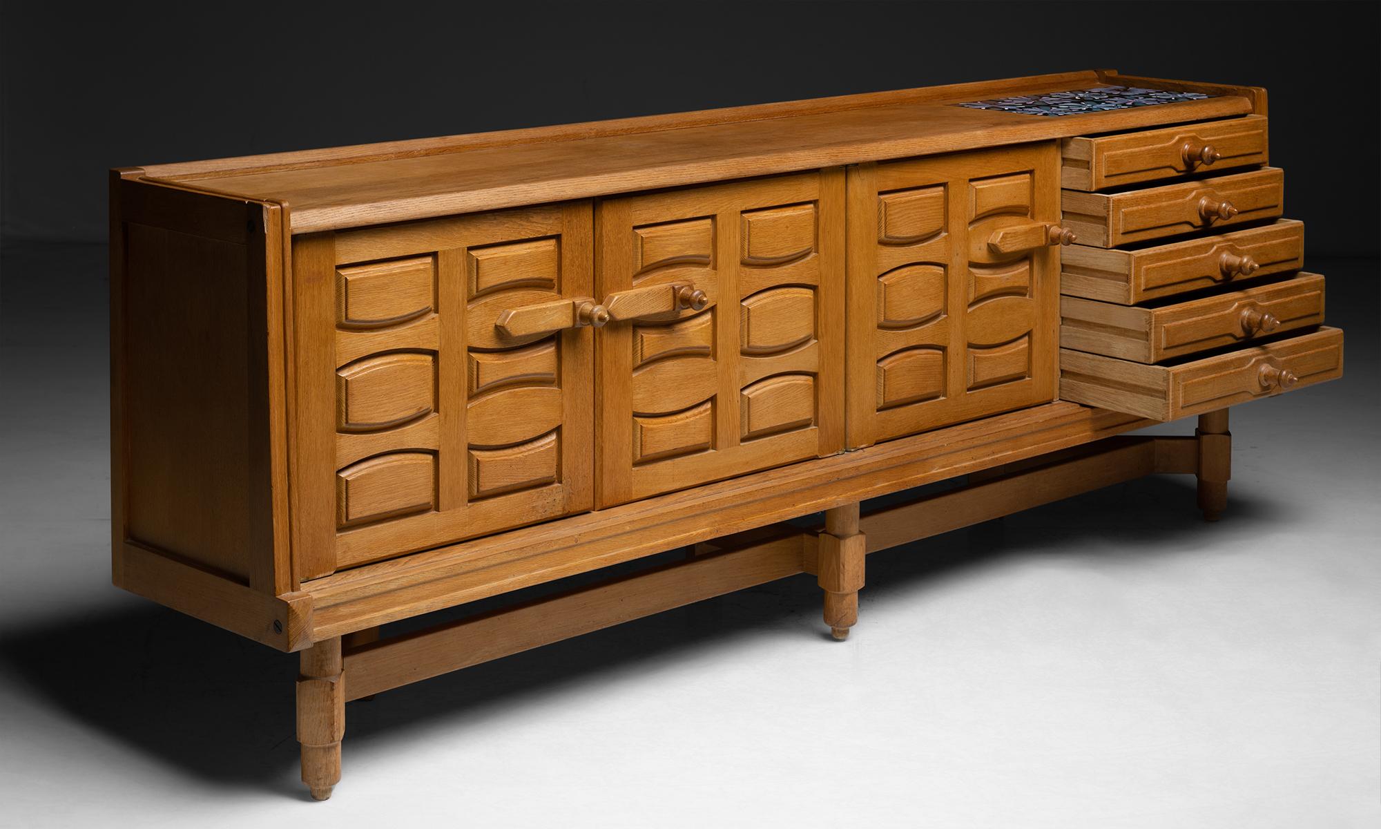 French Oak & Ceramic Sideboard by Guillerme et Chambron, France, circa 1960
