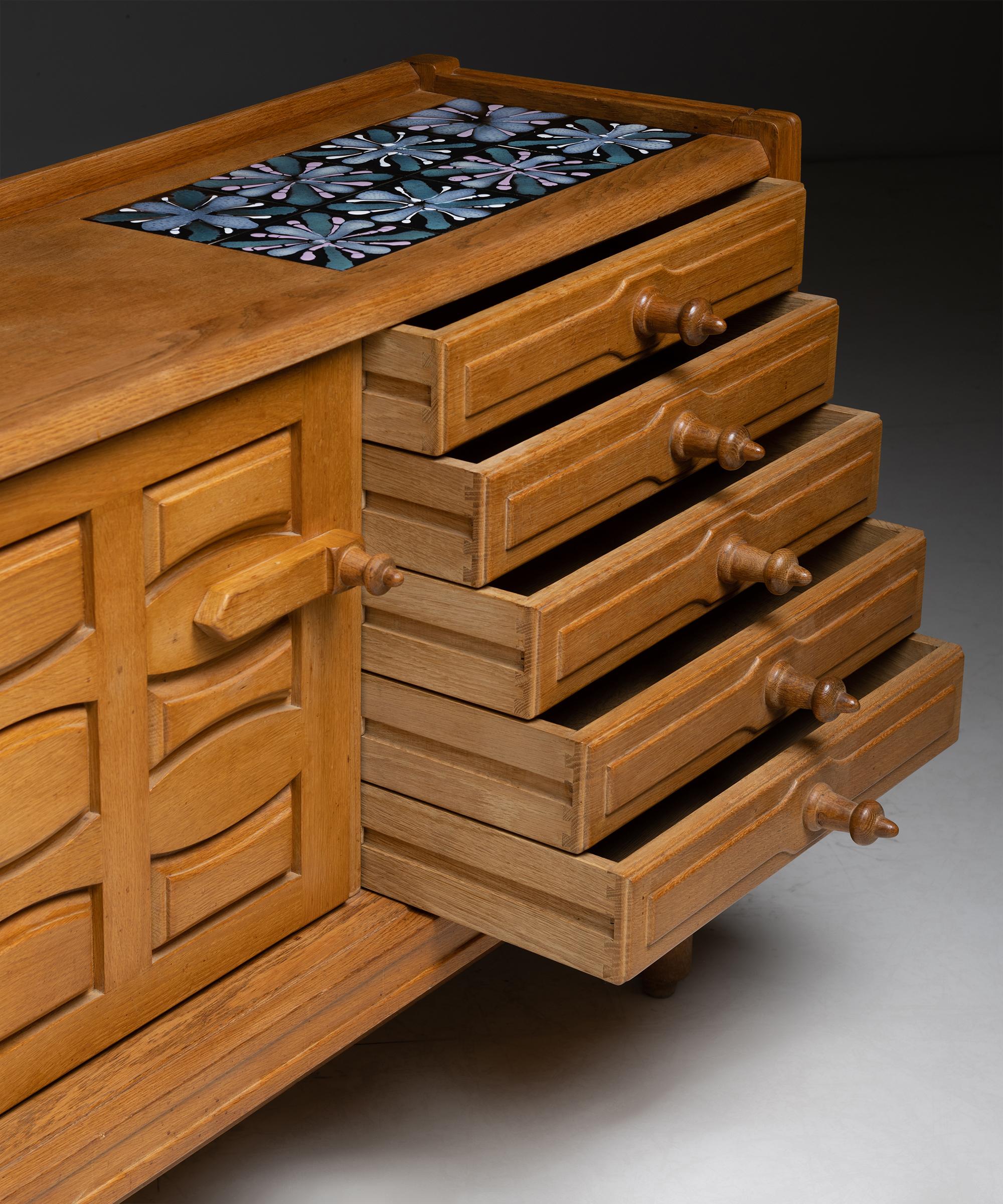 Carved Oak & Ceramic Sideboard by Guillerme et Chambron, France, circa 1960