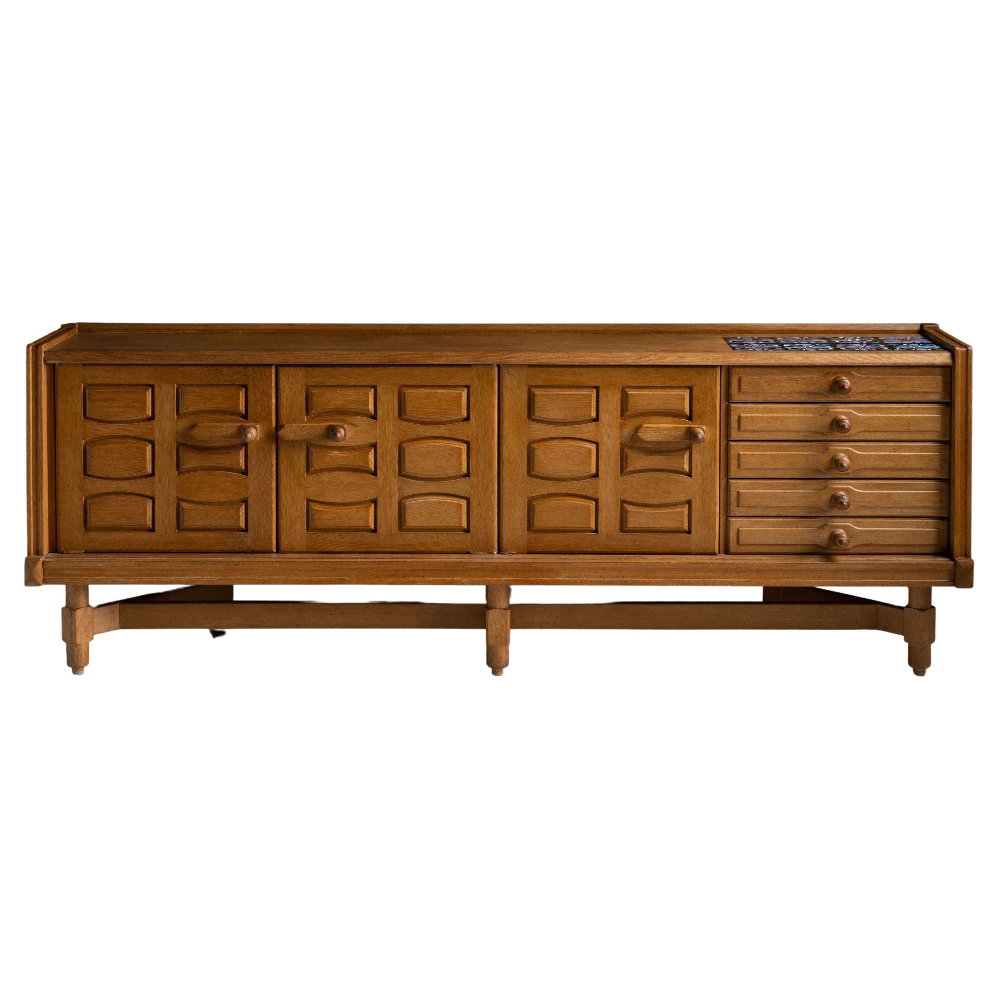 Oak & Ceramic Sideboard by Guillerme et Chambron, France, circa 1960