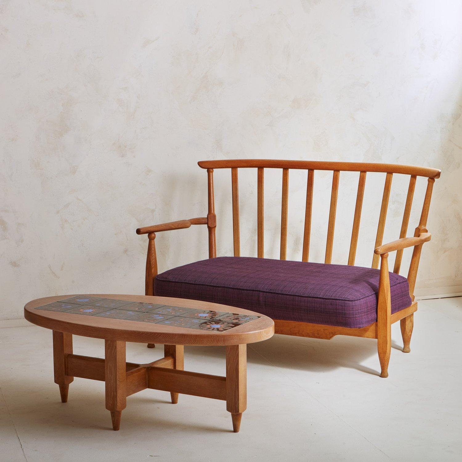 Mid-Century Modern Oak + Ceramic Tile Coffee Table by Guillerme et Chambron, France 1960s