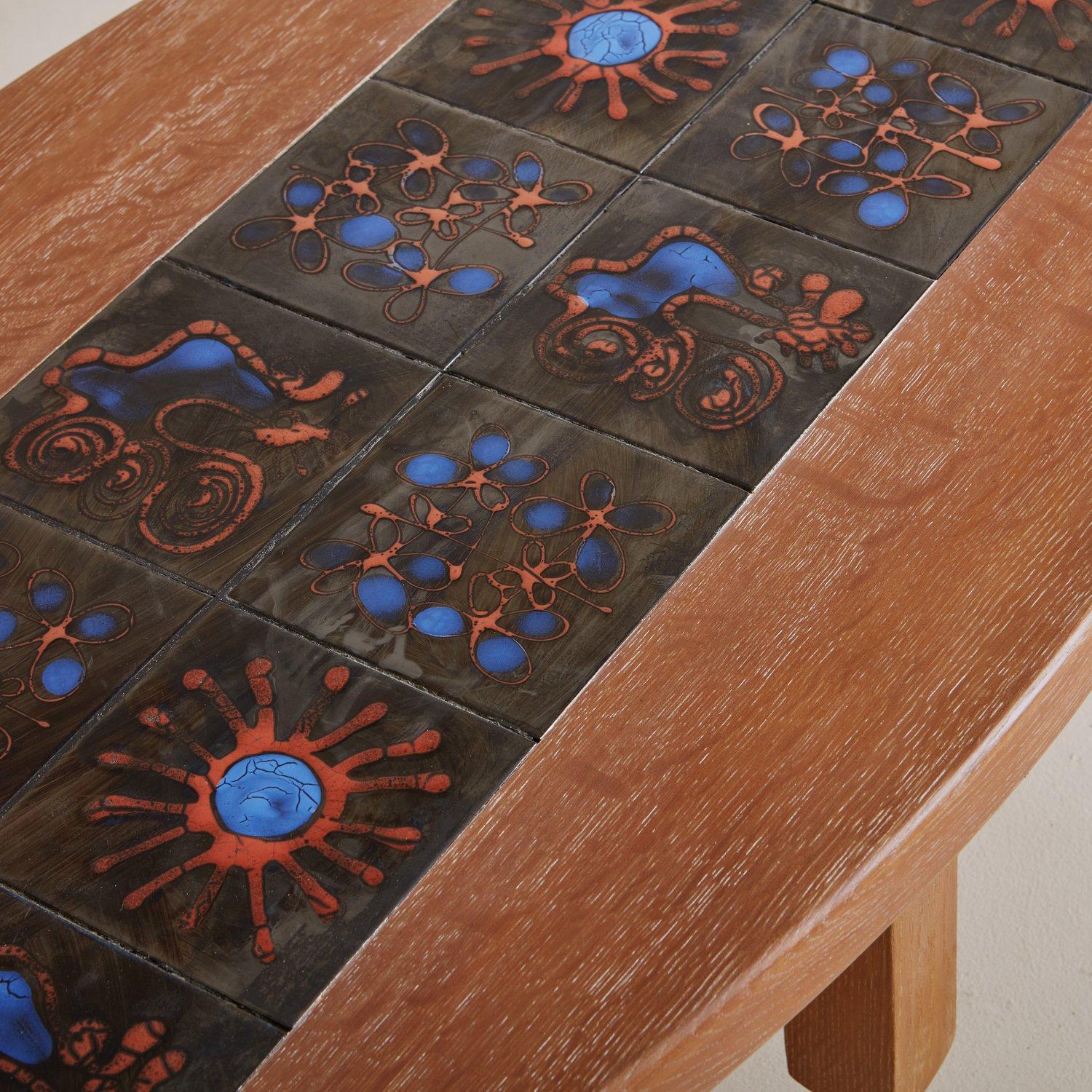 Mid-20th Century Oak + Ceramic Tile Coffee Table by Guillerme et Chambron, France 1960s