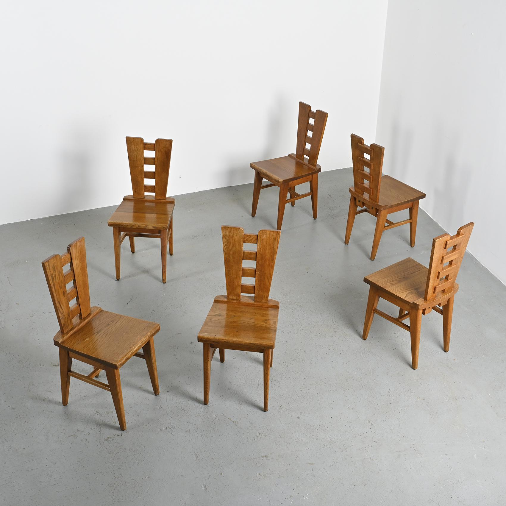 Mid-Century moderno Sedie in Oak di Henri Jacques Le Même, Francia, 1940 ca. 1940, Set di 6 in vendita